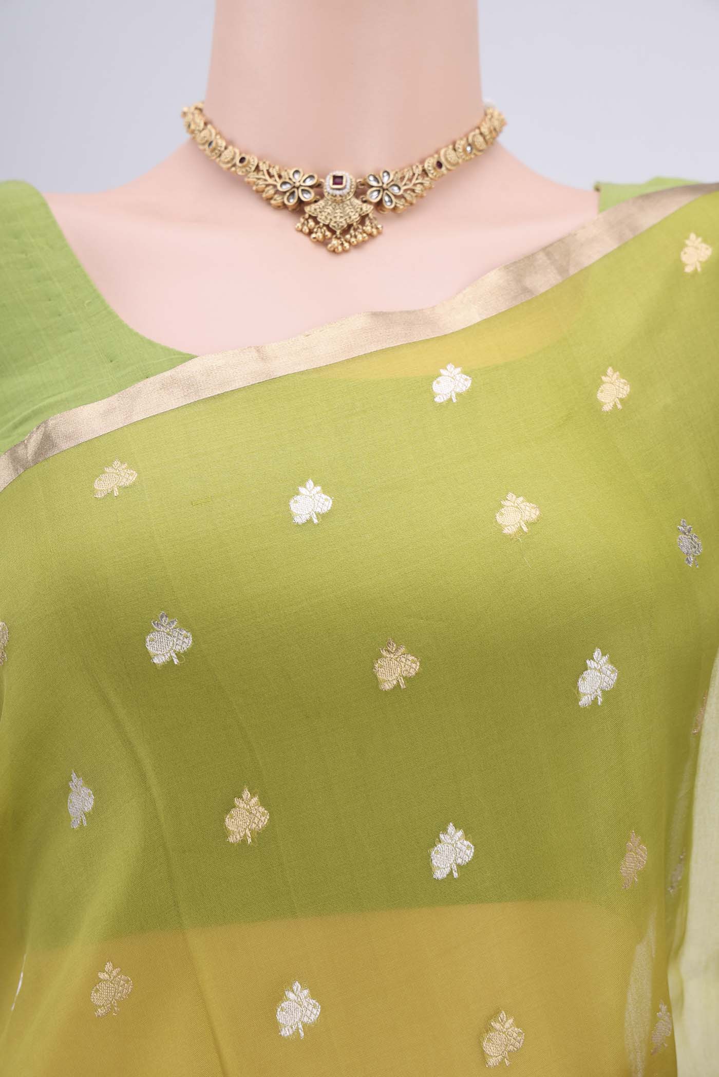 Border image of Acid Green Organza Silk Saree with Plain Body and Zari Border. 