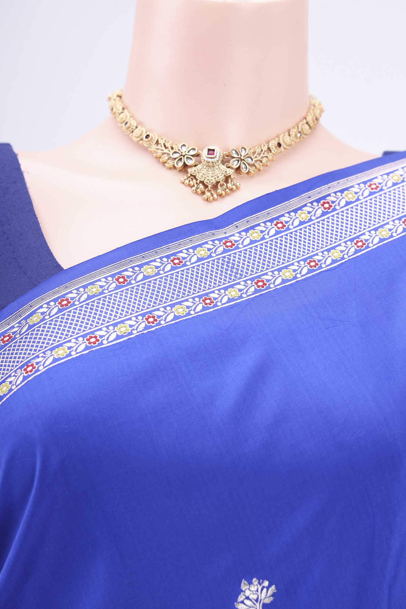 Border image of Royal Blue Banarasi Silk Saree with Zari Butta on the body and Zari And Thread Border. 