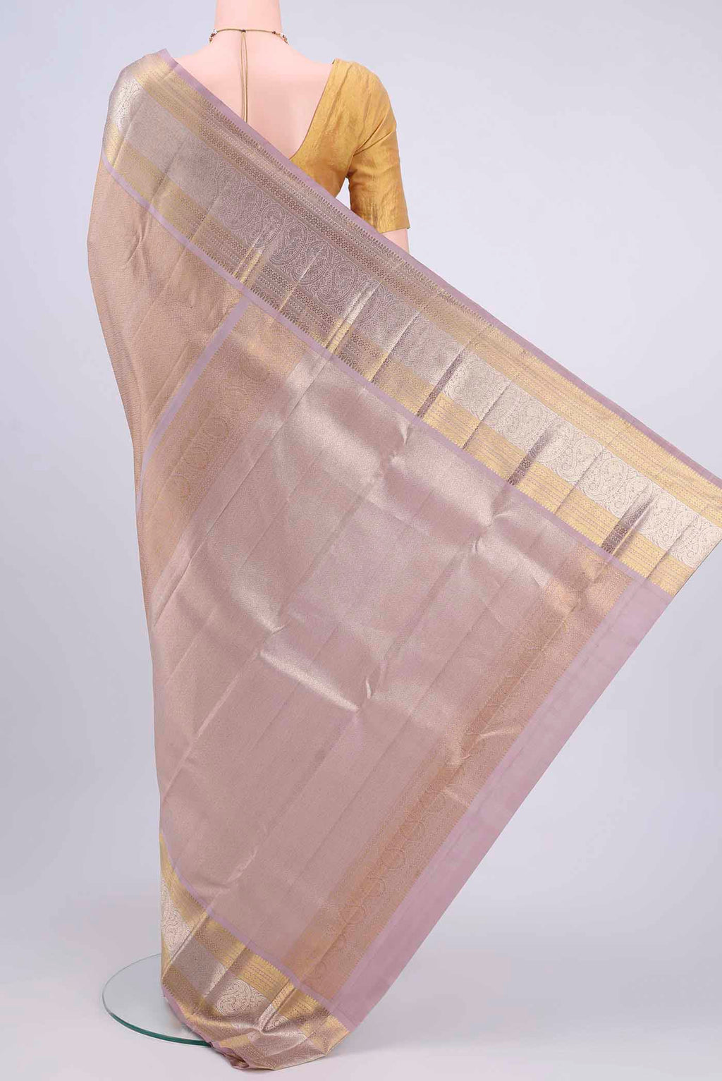Flat view of Mauve Kanchipuram Saree with Zari Brocade on the body and Zari Border
