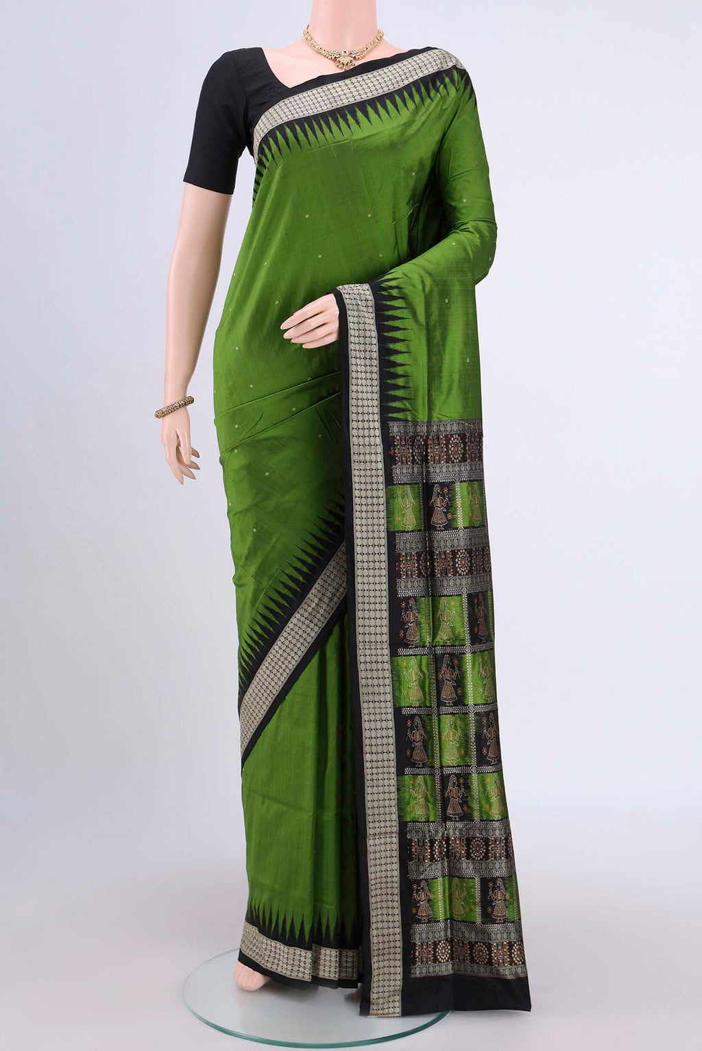 Mehandi Green Orissa Silk Saree with Thread Butta on the body and Thread Border.  displayed on a mannequin