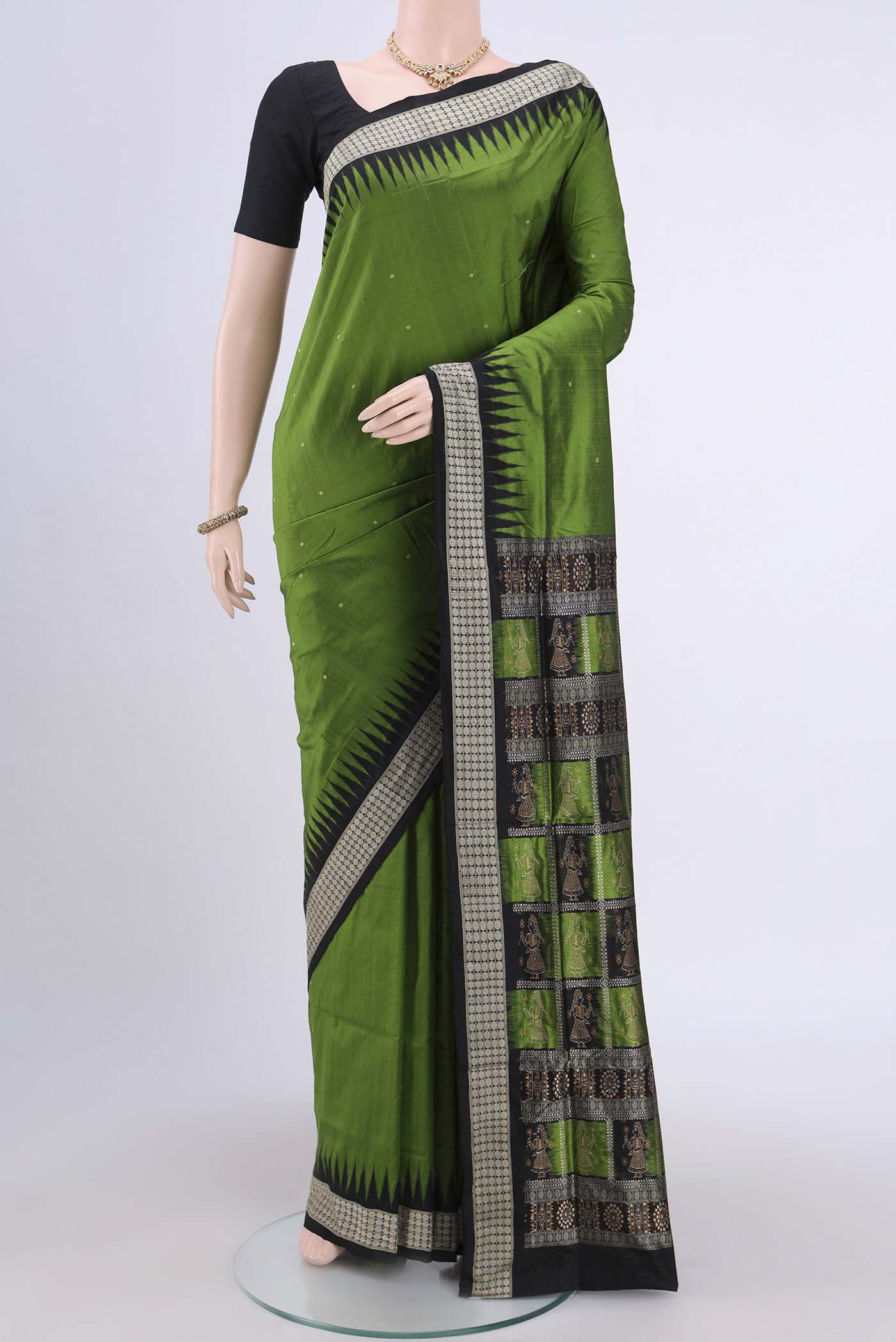 Mehandi Green Orissa Silk Saree with Thread Butta on the body and Thread Border.  displayed on a mannequin