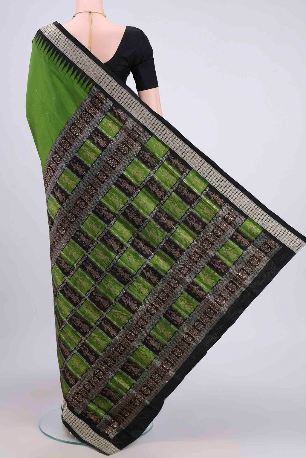 Flat view of Mehandi Green Orissa Silk Saree with Thread Butta on the body and Thread Border. 