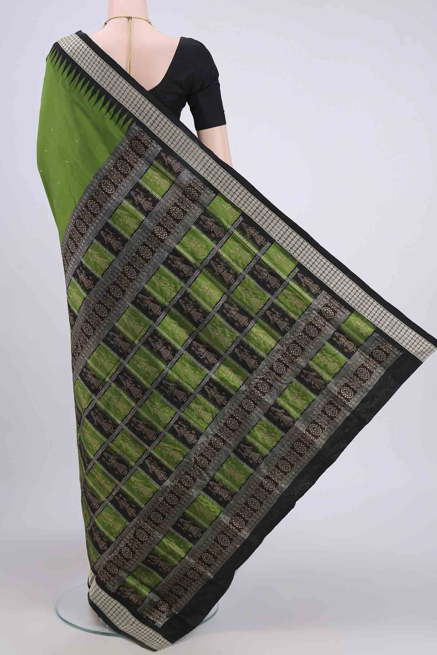 Flat view of Mehandi Green Orissa Silk Saree with Thread Butta on the body and Thread Border. 