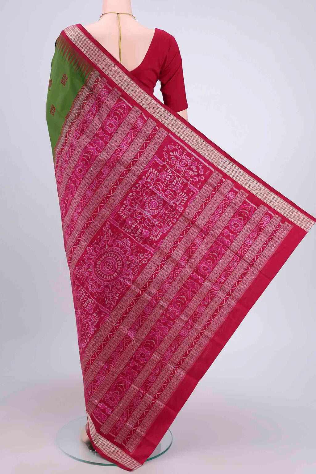 Flat view of Mehandi Green Orissa Silk Saree with Thread Butta on the body and Thread Border. 