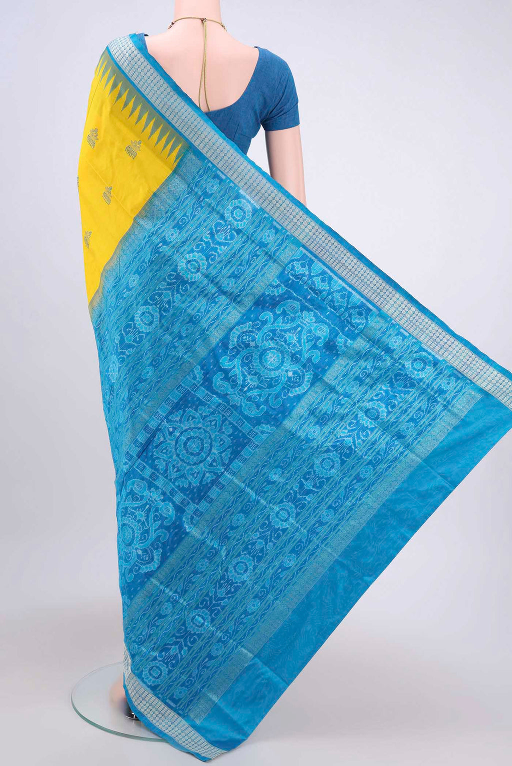 Flat view of Yellow Orissa Silk Saree with Thread Butta on the body and Thread Border. 