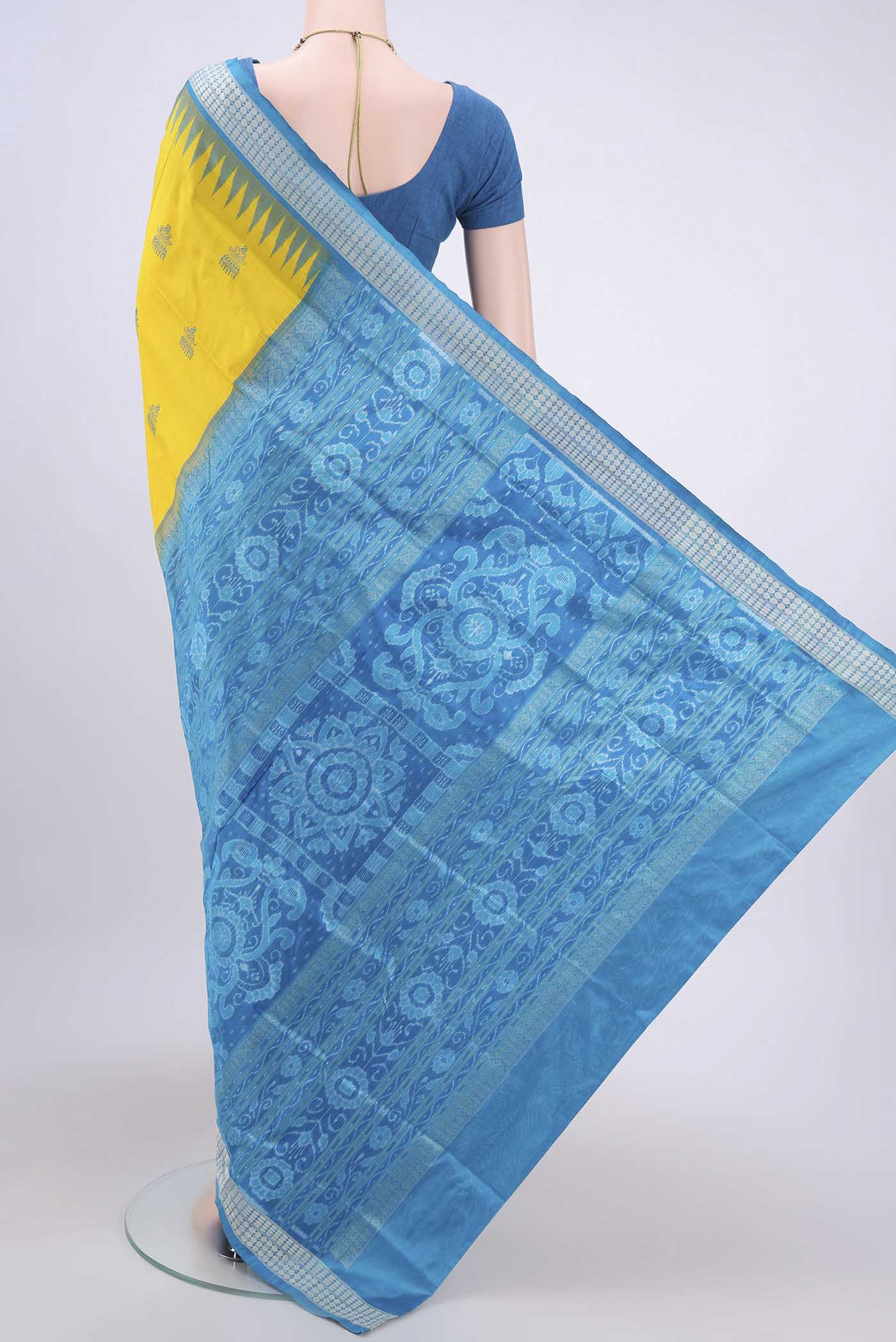 Flat view of Yellow Orissa Silk Saree with Thread Butta on the body and Thread Border. 