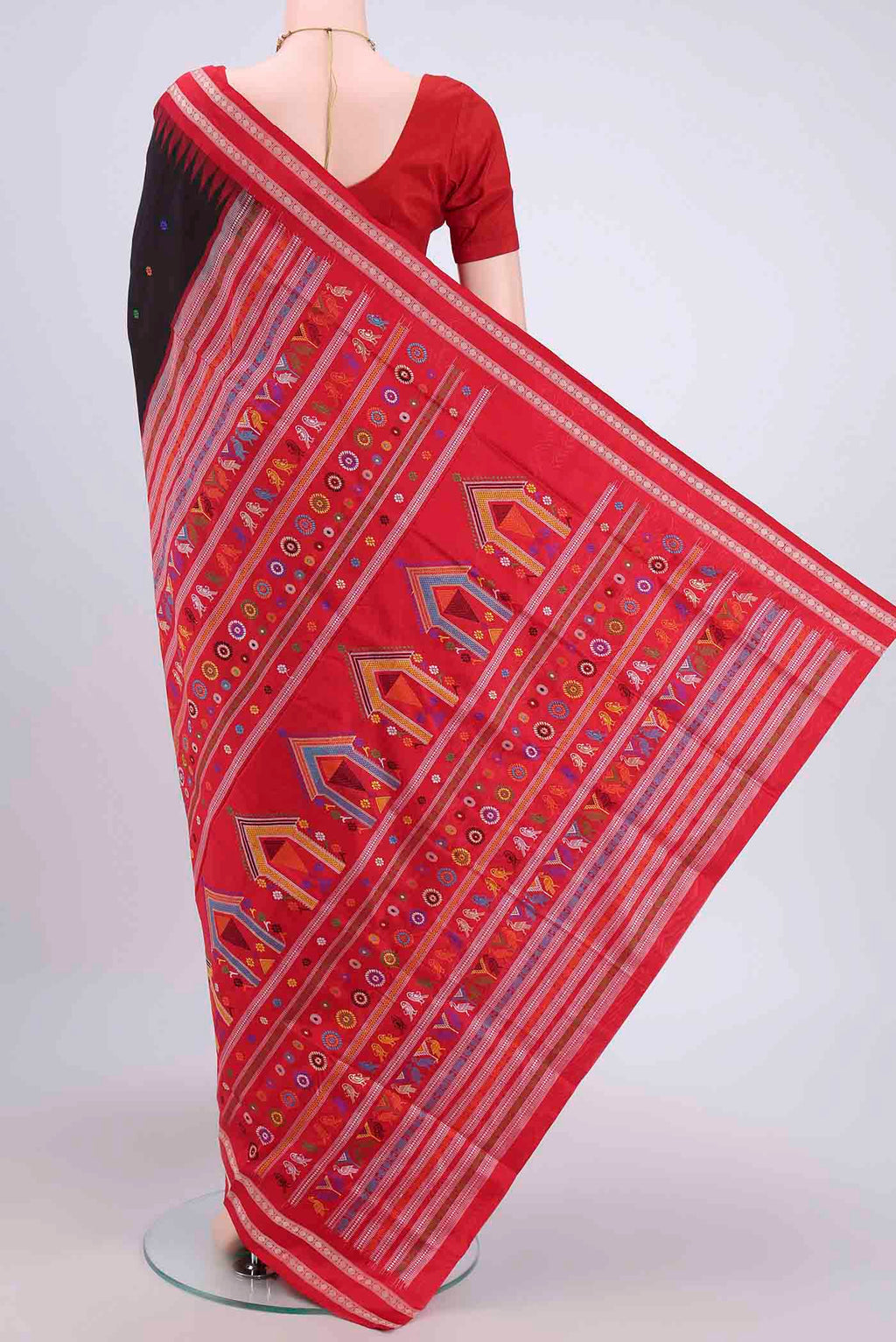 Flat view of Black Orissa Silk Saree with Thread Butta on the body and Thread Border. 