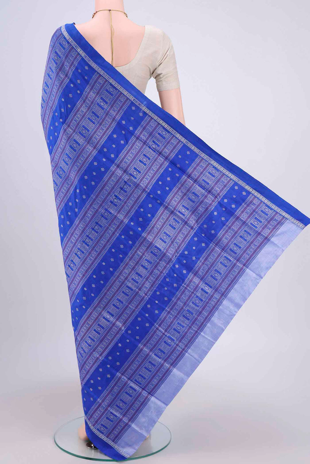 Flat view of Royal Blue Orissa Silk Saree with Thread Butta on the body and Thread Border. 