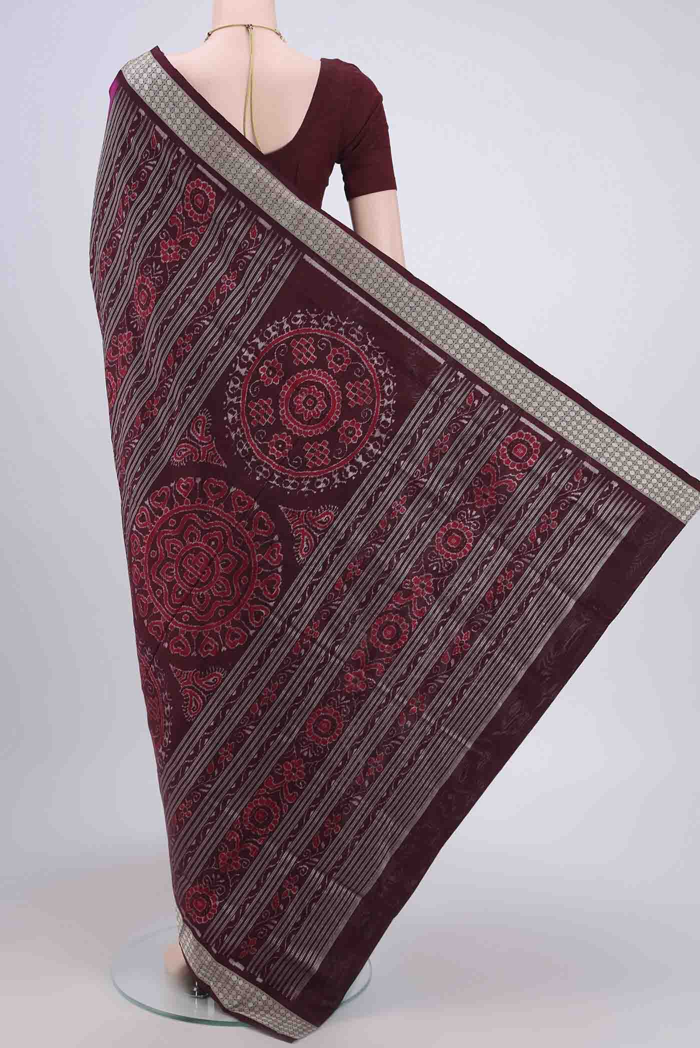 Flat view of Magenta Orissa Silk Saree with Thread Butta on the body and Thread Border. 