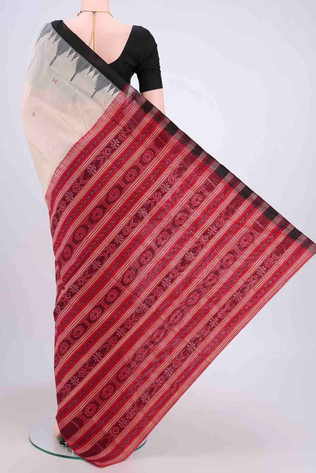 Flat view of Beige Orissa Silk Saree with Plain Body and Ganga Jamuna Border. 