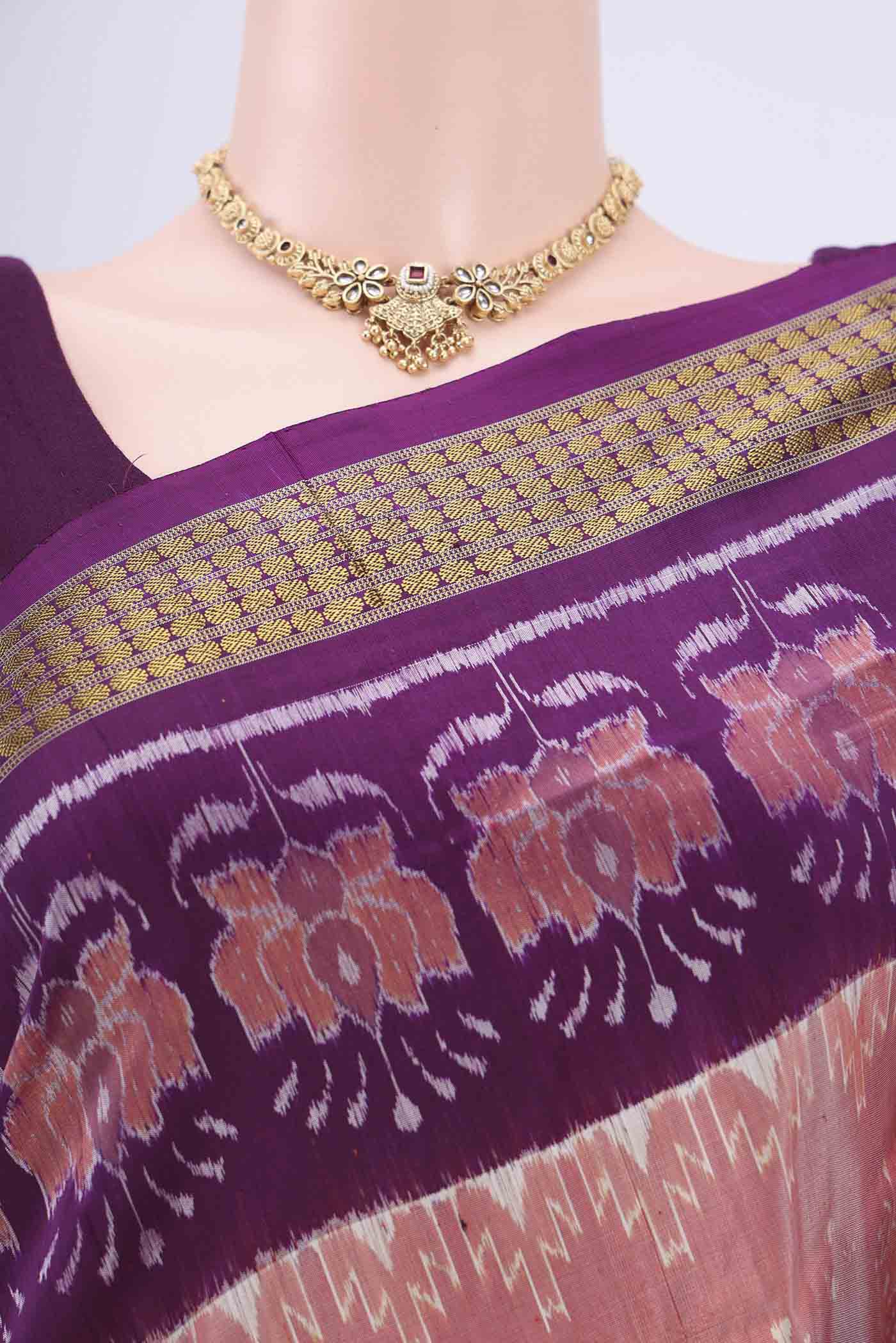 Border image of Peach Orissa Silk Saree with Ikat design on the body and Thread Border. 