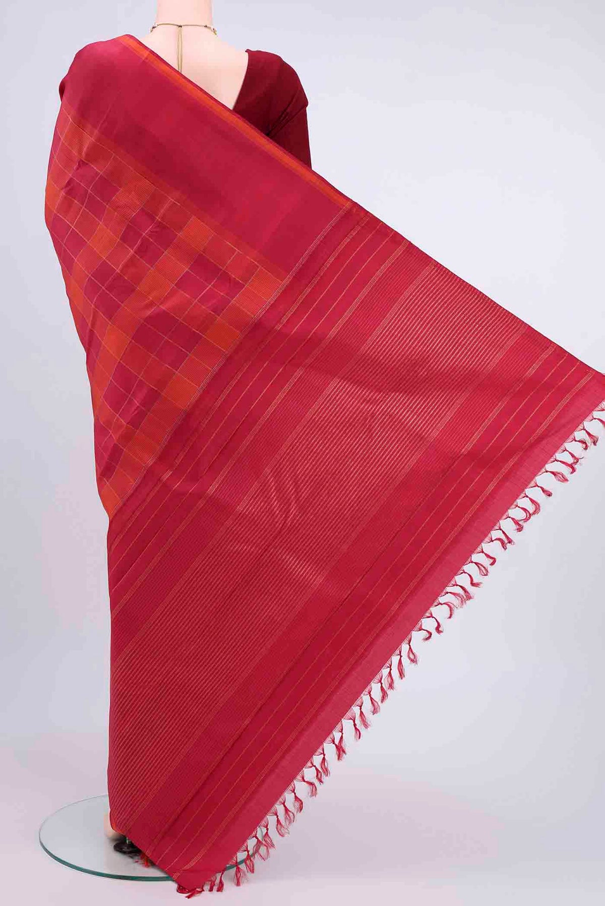 Flat view of Maroon Dual Tone Kanchipuram Silk Saree with Checked design on the body and Zari Border