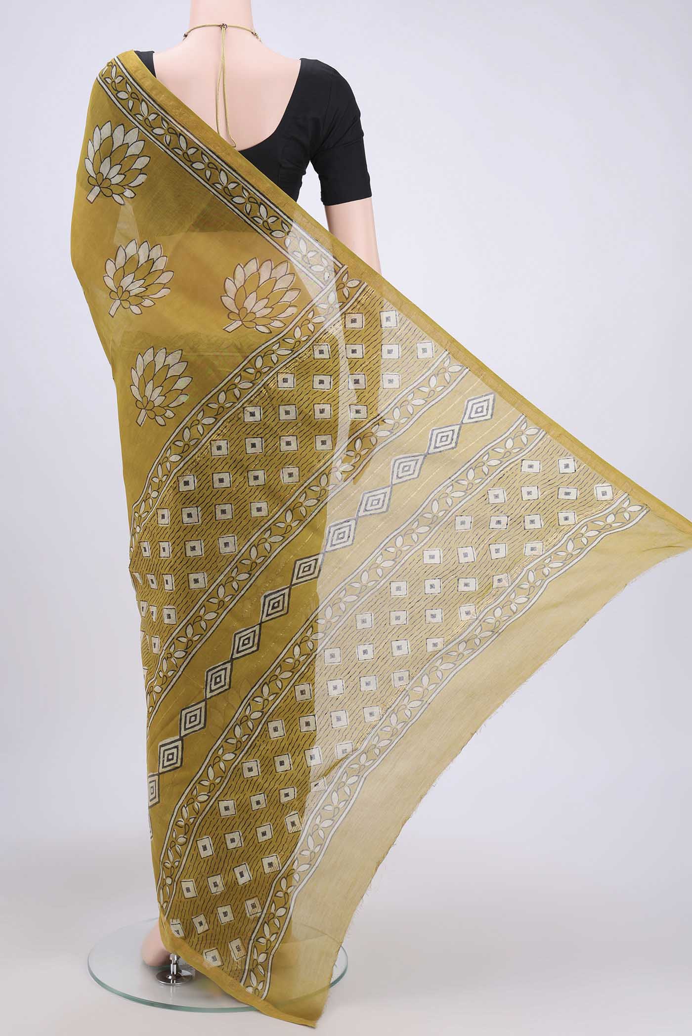 Flat view of Mehandi Green Chanderi Silk Saree with Printed design on the body and Zari Border. 