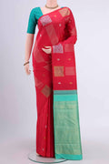 Pure Silk Pure Zari Red Kanchipuram Saree with Zari Butta on the body and Zari Border displayed on a mannequin