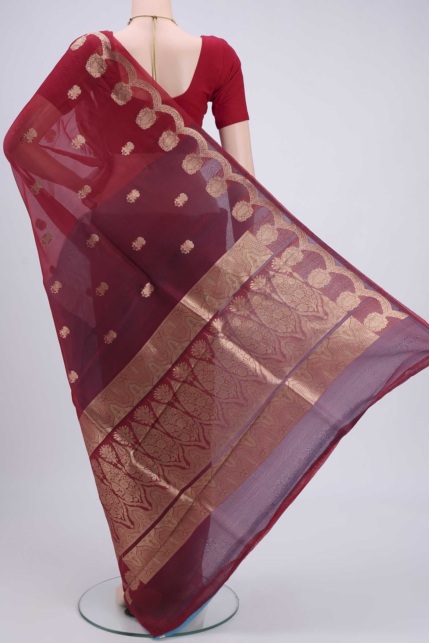 Flat view of Red Organza Silk Saree with Plain Body and Zari Border. 