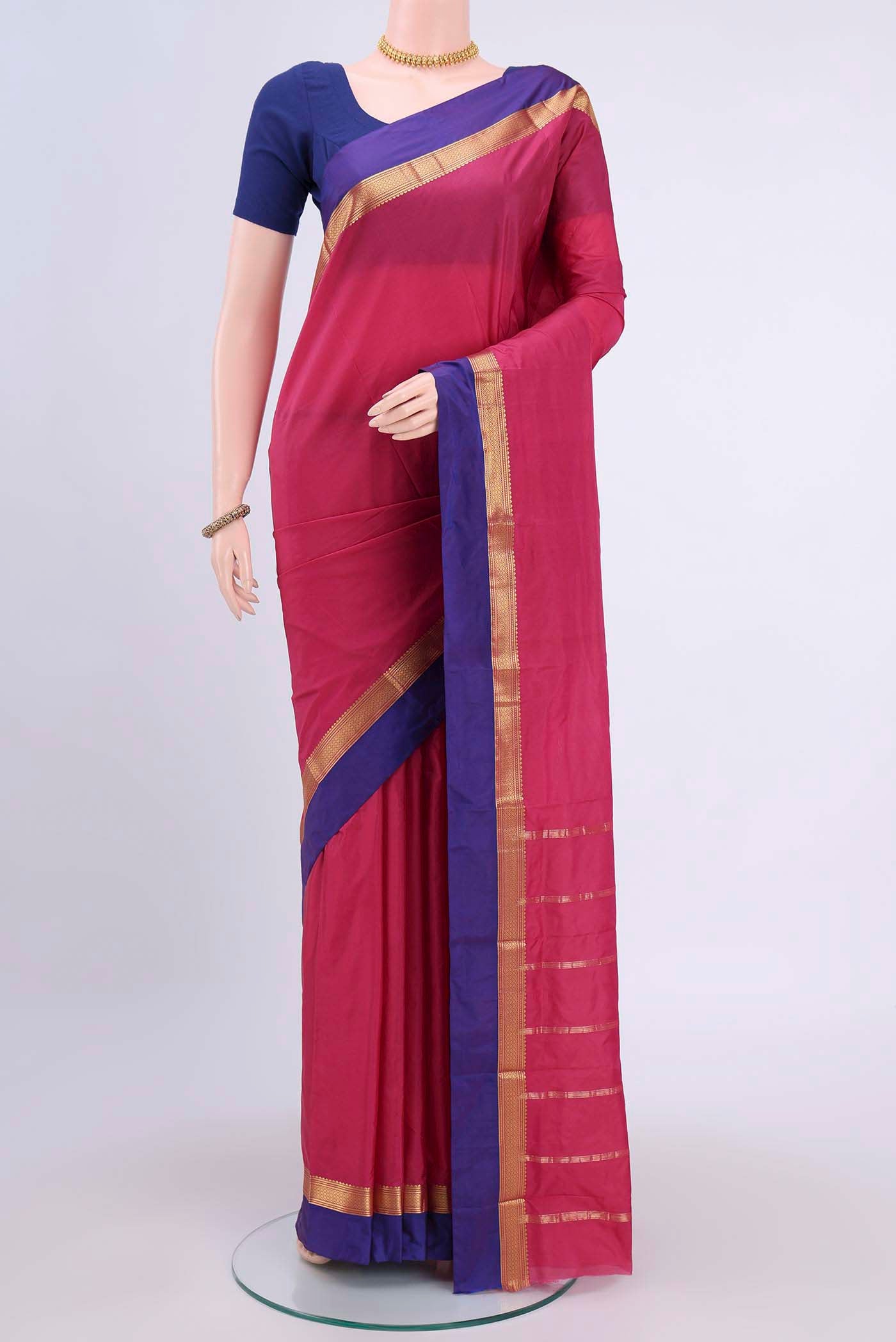 Pink Dual Tone Blended Bangalore Silk Saree with Plain Body and Zari Border displayed on a mannequin