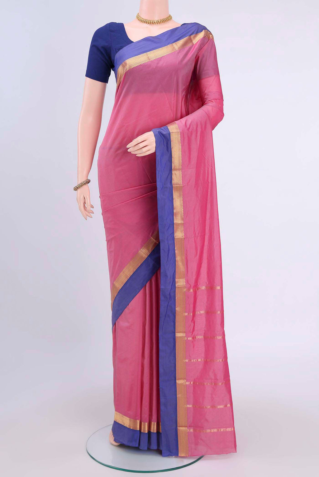 Rose pink Dual Tone Blended Bangalore Silk Saree with Plain Body and Zari Border displayed on a mannequin