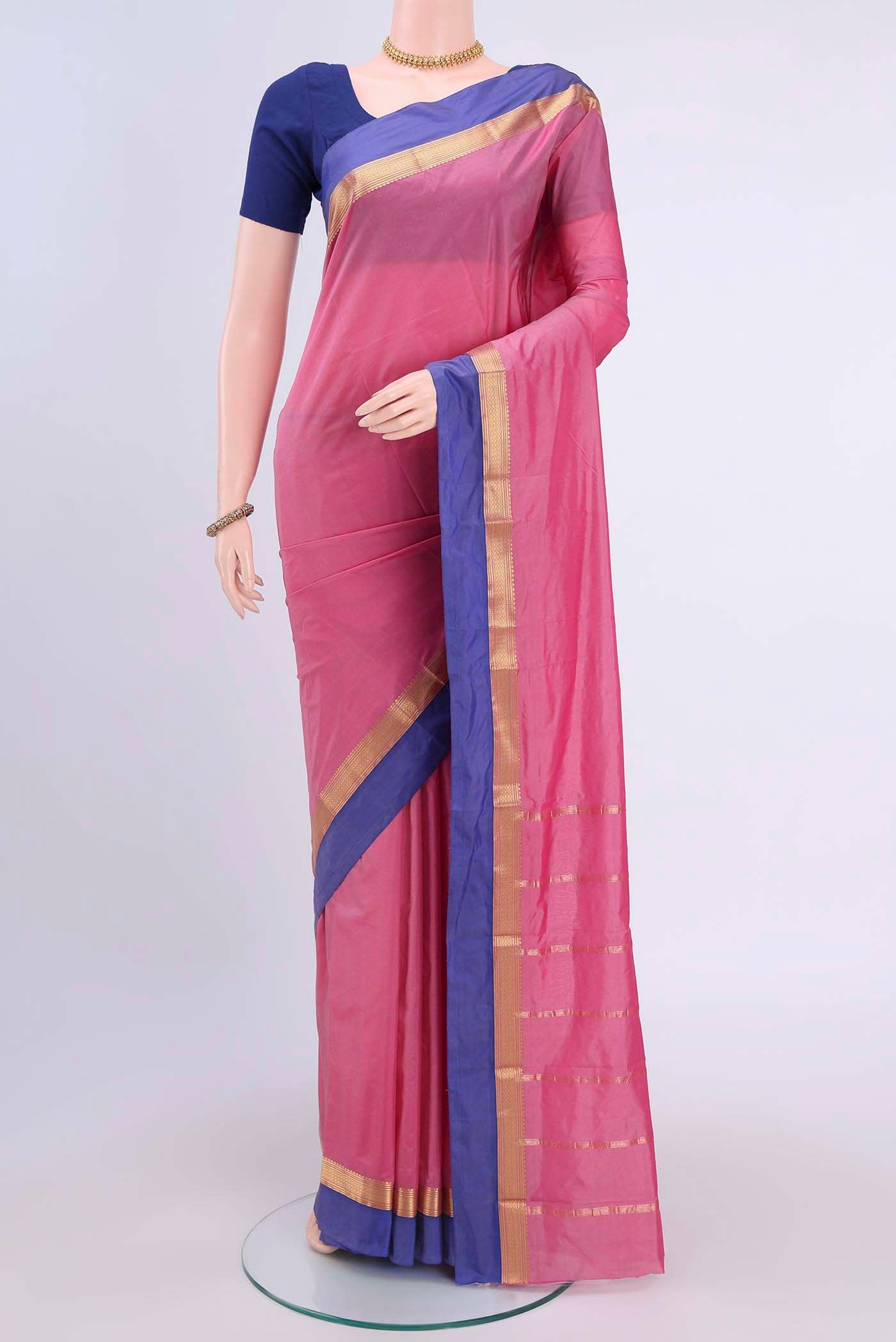 Rose pink Dual Tone Blended Bangalore Silk Saree with Plain Body and Zari Border displayed on a mannequin