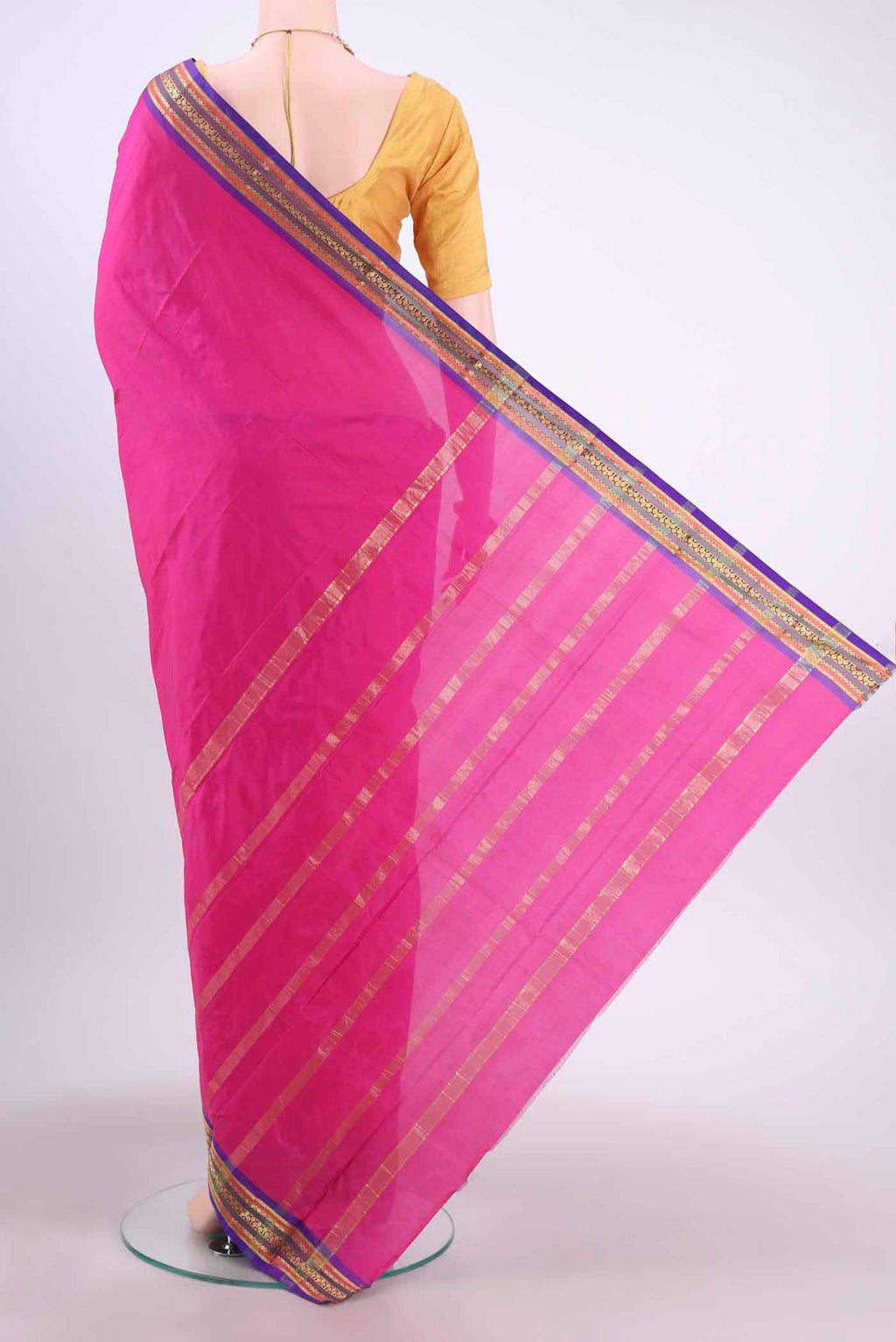 Flat view of Rani Pink Dual Tone Blended Bangalore Silk Saree with Plain Body and Zari Border