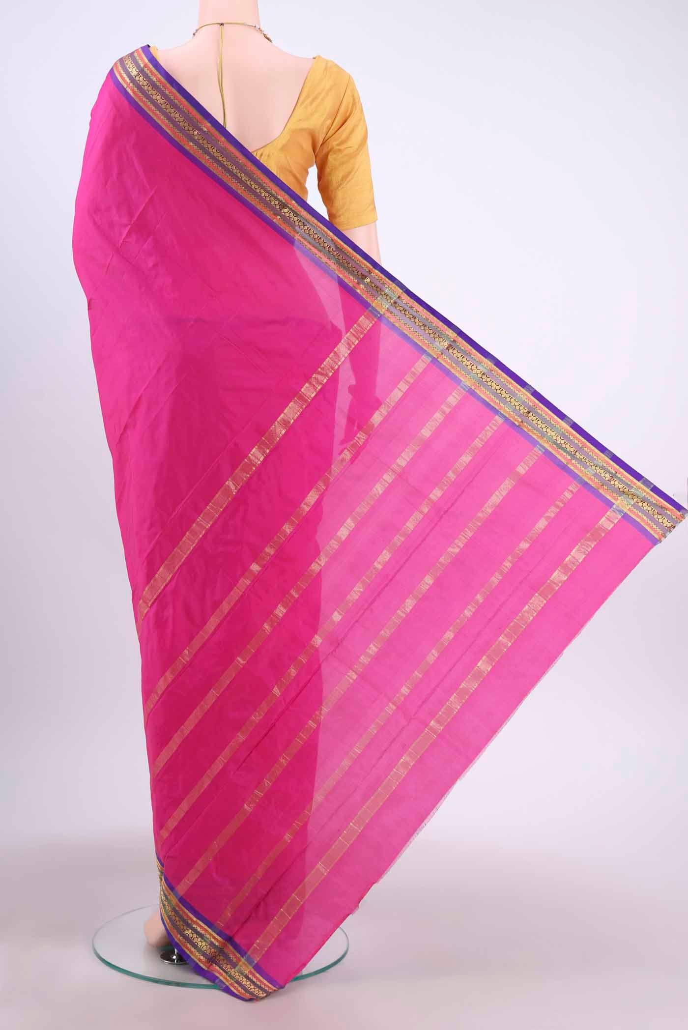 Flat view of Rani Pink Dual Tone Blended Bangalore Silk Saree with Plain Body and Zari Border