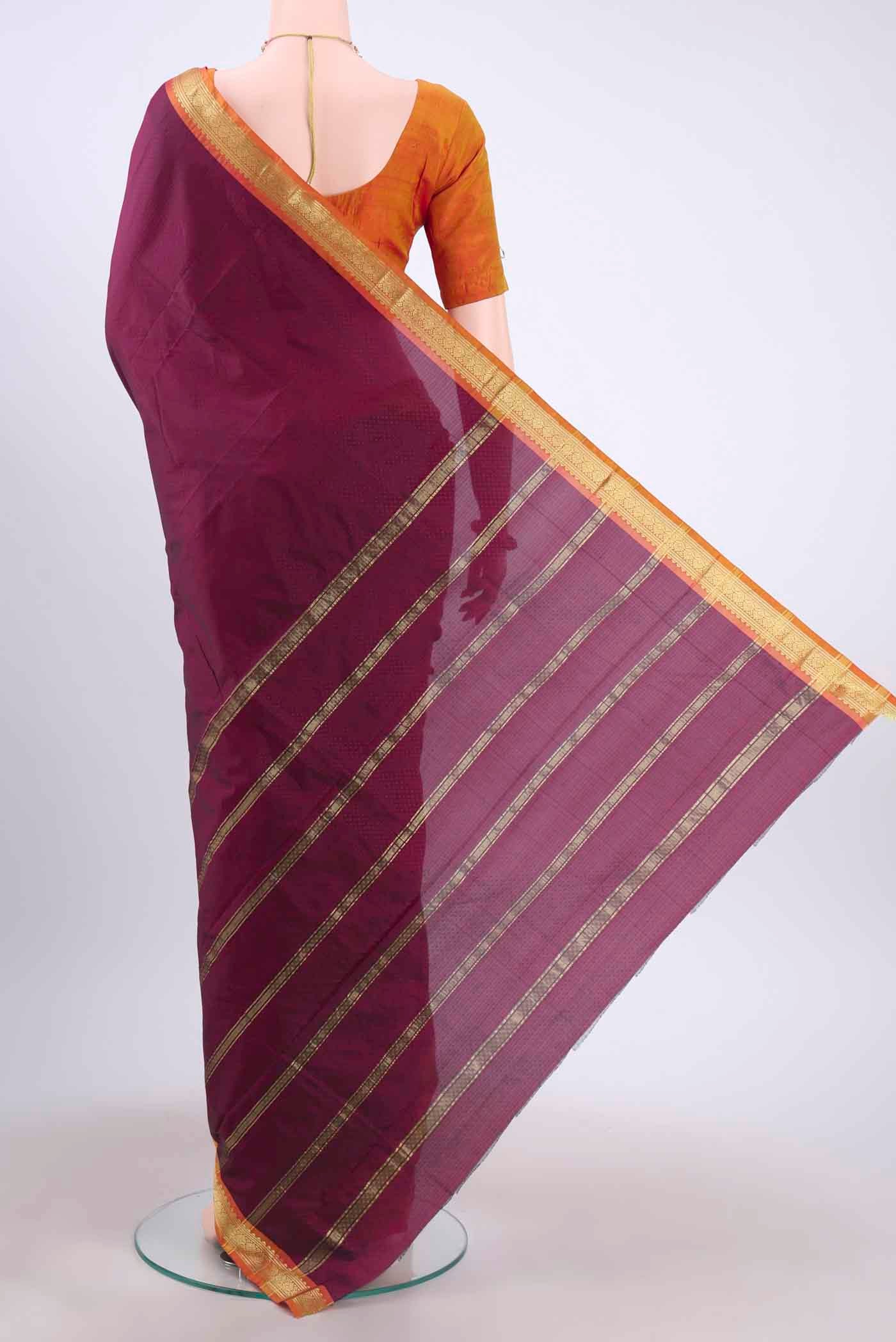 Flat view of Burgundy Dual Tone Blended Bangalore Silk Saree with Jacquard design on the body and Zari Border
