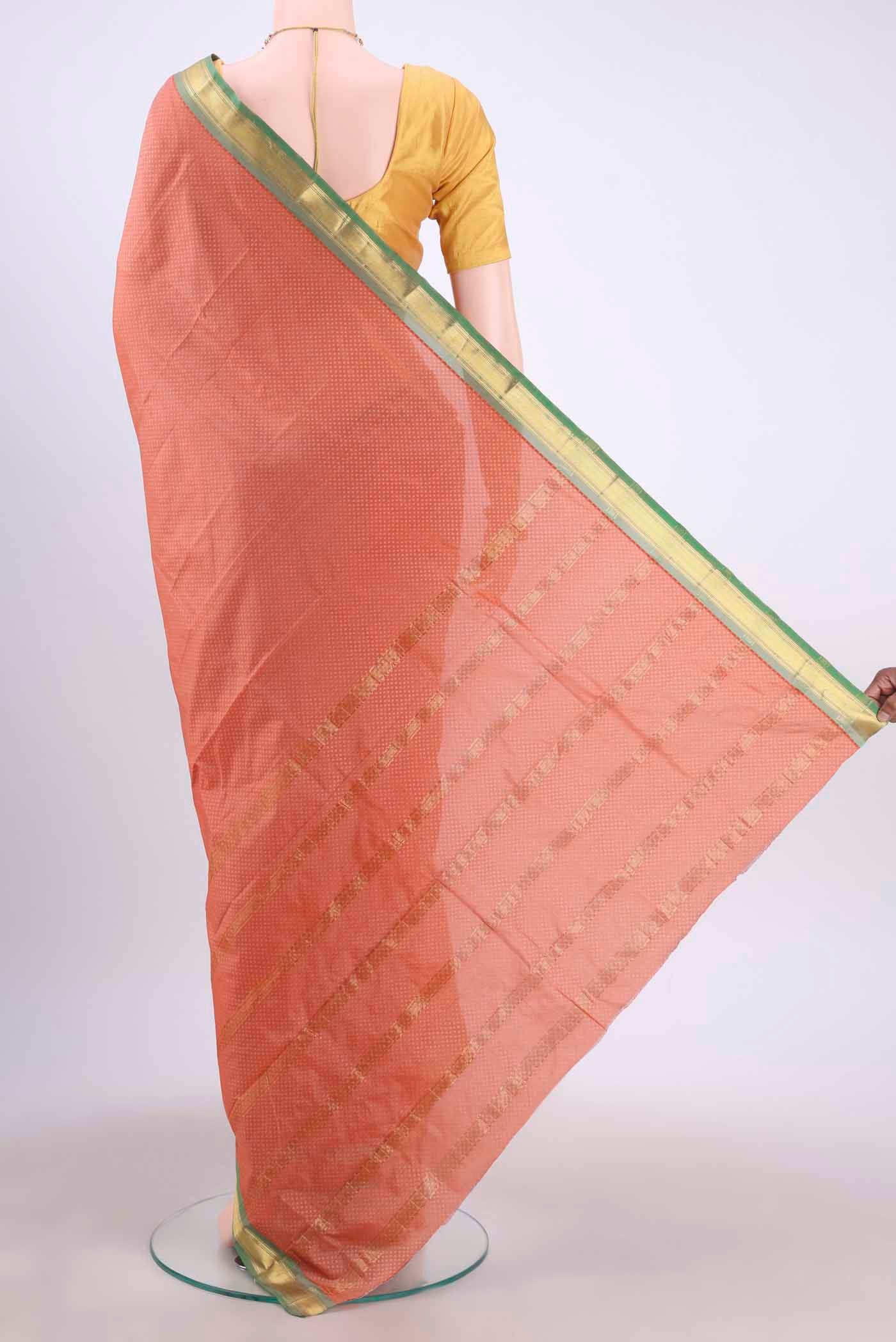Flat view of Coral Dual Tone Blended Bangalore Silk Saree with Jacquard design on the body and Zari Border