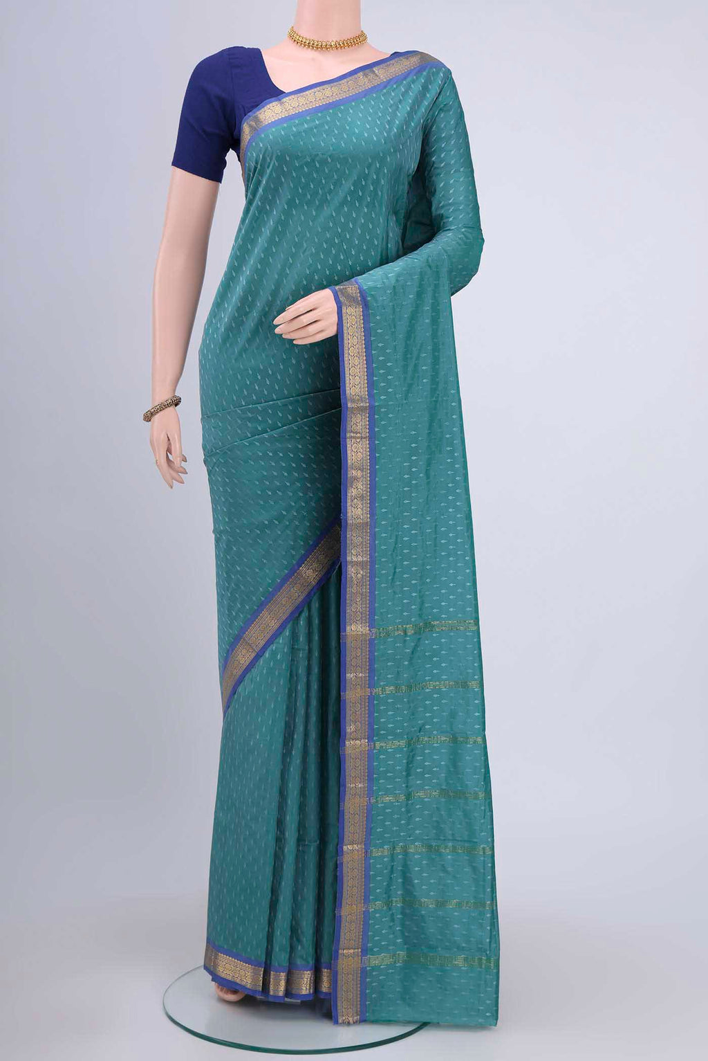 Maya Blue Dual Tone Blended Bangalore Silk Saree with Jacquard design on the body and Zari Border displayed on a mannequin
