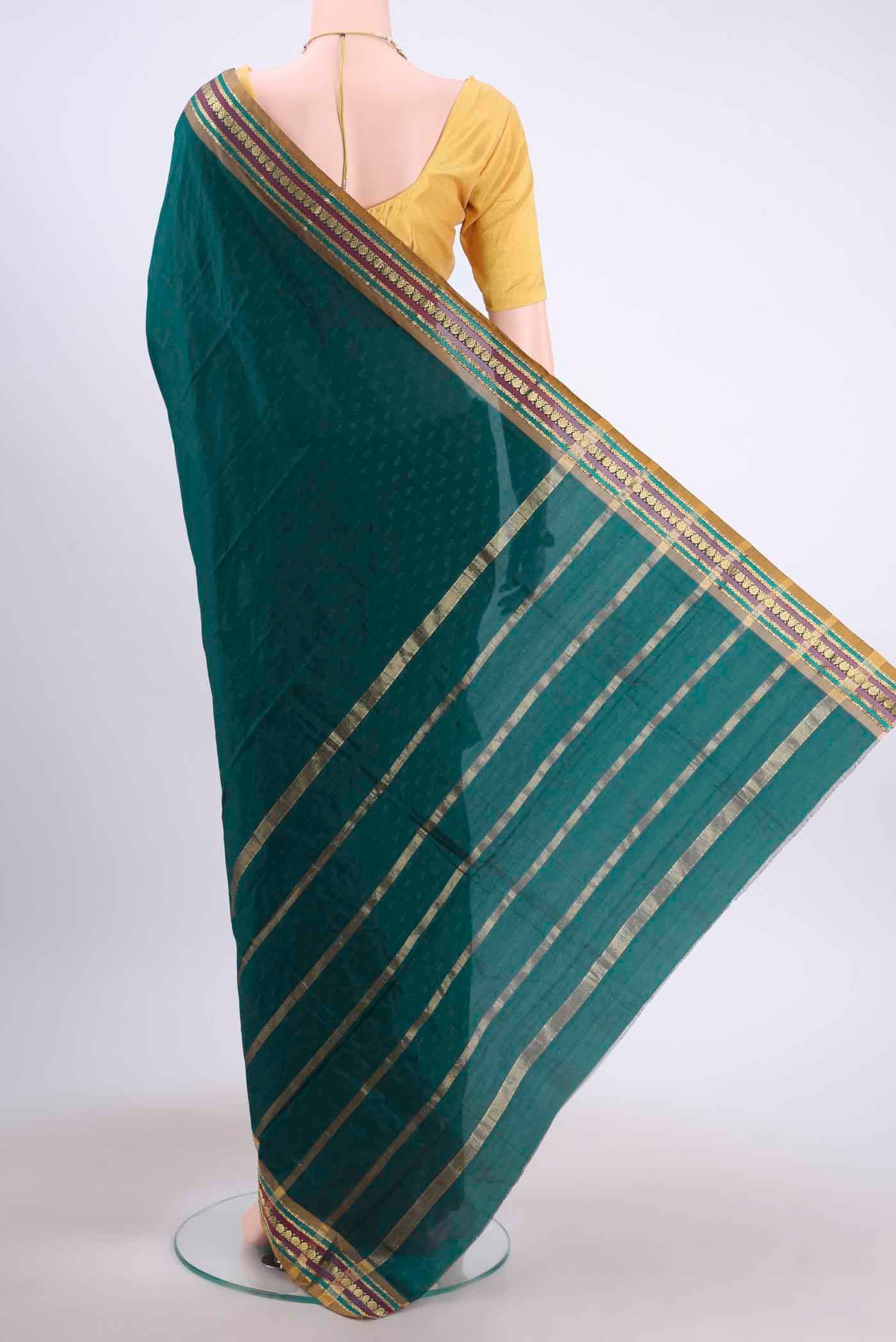 Flat view of Navy Blue Dual Tone Blended Bangalore Silk Saree with Jacquard design on the body and Zari Border