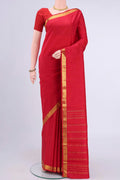 Red Kanchipuram Saree with Plain Body and Zari Border displayed on a mannequin