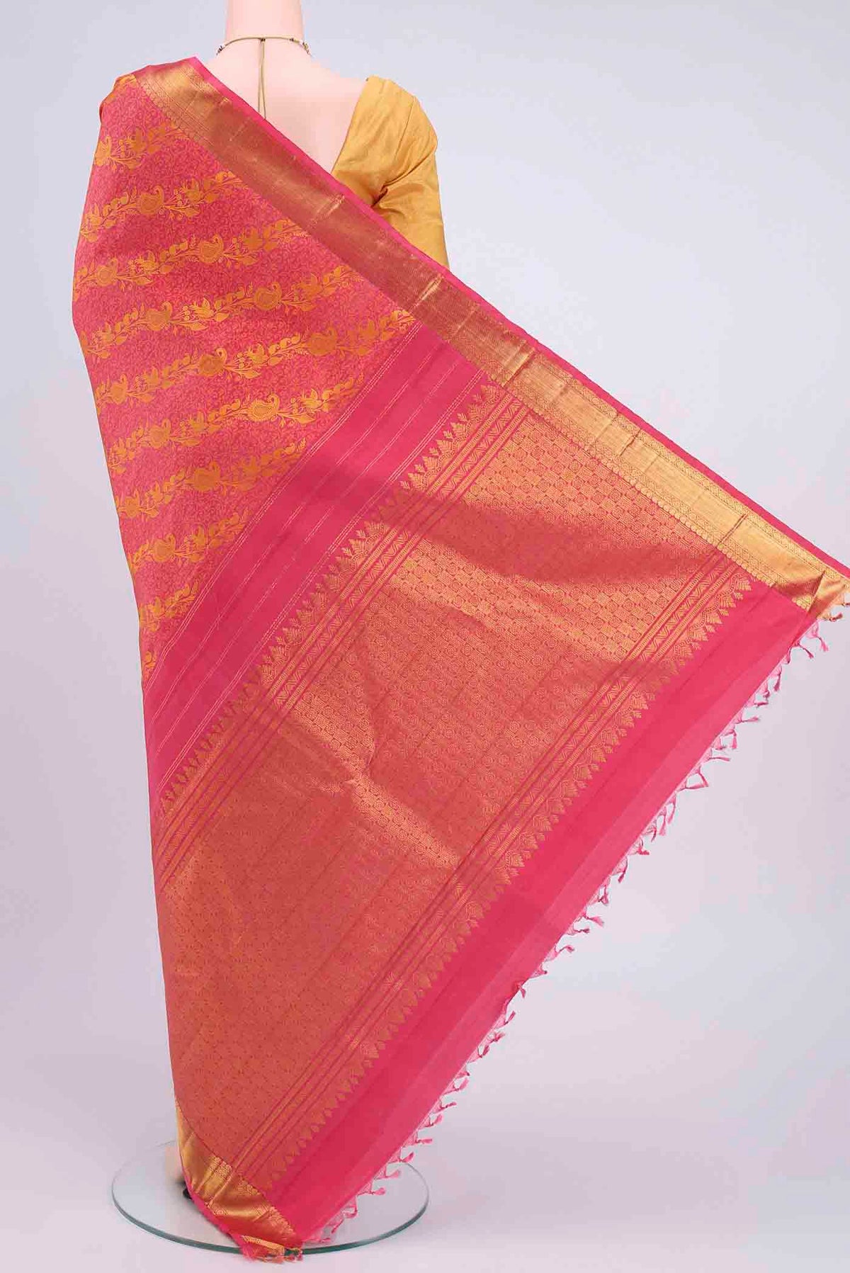 Flat view of Pink Kanchipuram Saree with Jacquard design on the body and Zari Border