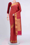 Maroon Kanchipuram Saree with Jacquard With Zari Butta on the body and Thread Border displayed on a mannequin