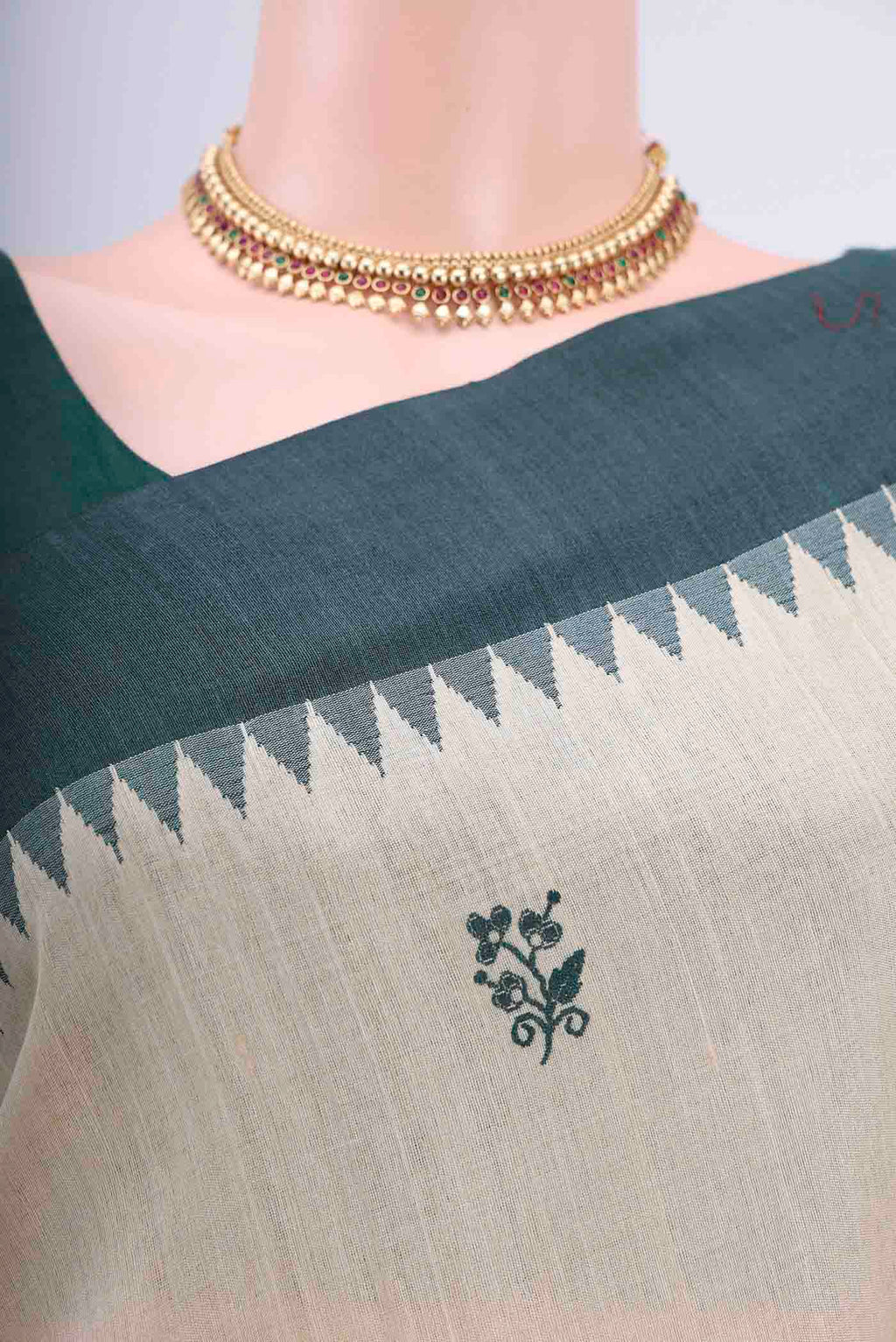 Border image of Beige Tussar Silk Saree with Embroidery on the body and Temple Border