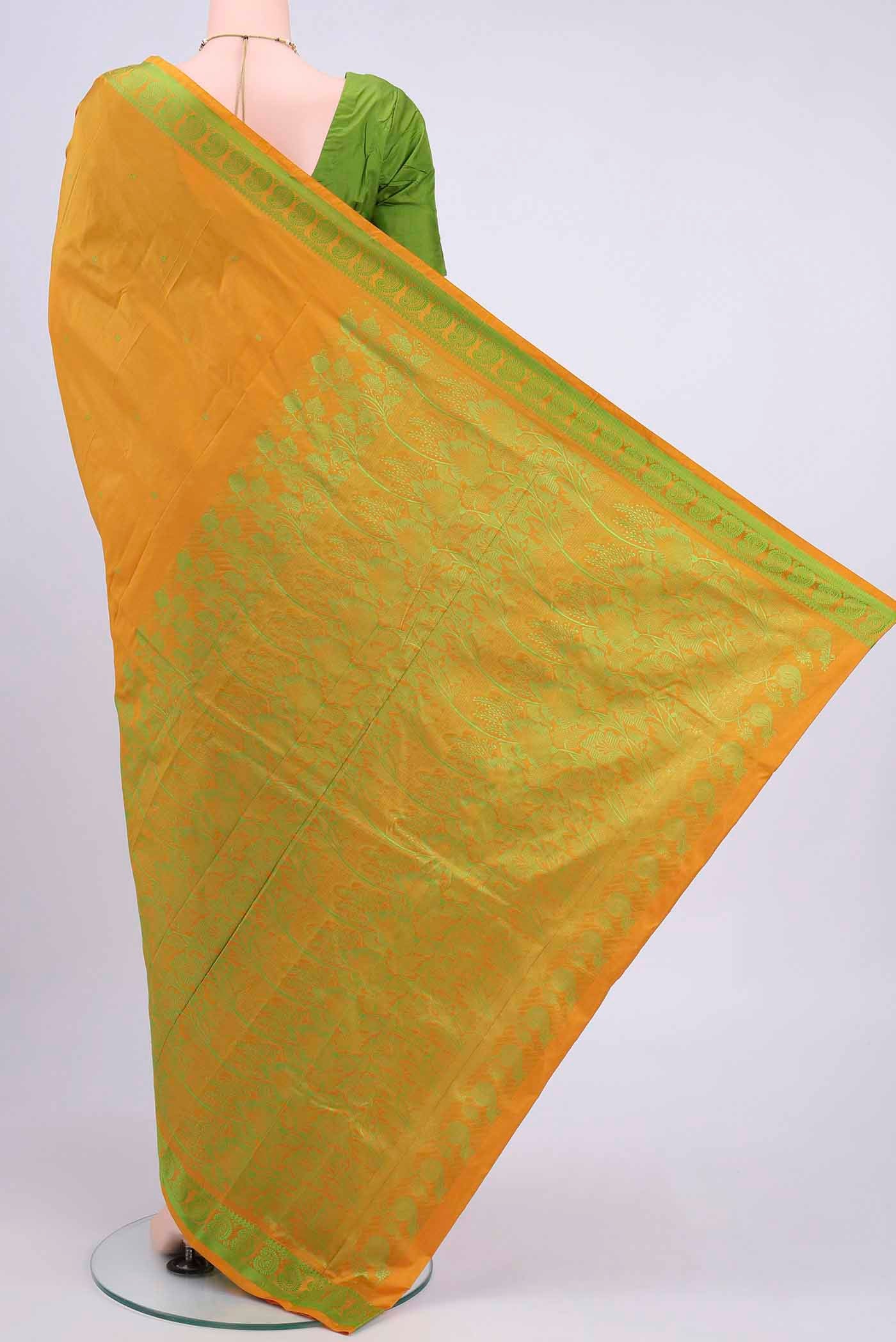 Flat view of Mustard Kanchipuram Silk Saree with Thread Butta on the body and Thread Border