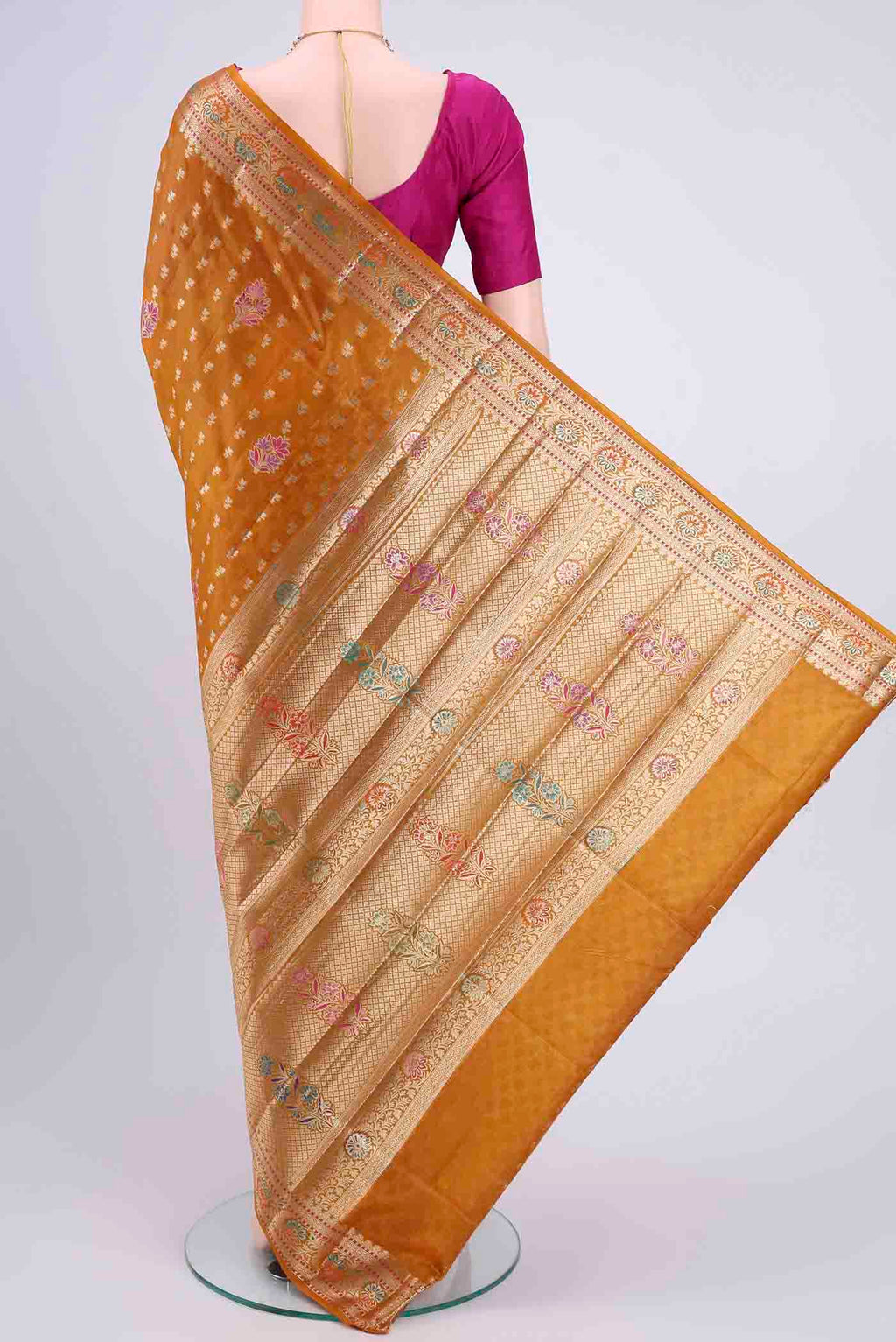 Flat view of Mustard Banarasi Tussar Silk Saree with Zari Butta on the body and Zari Border