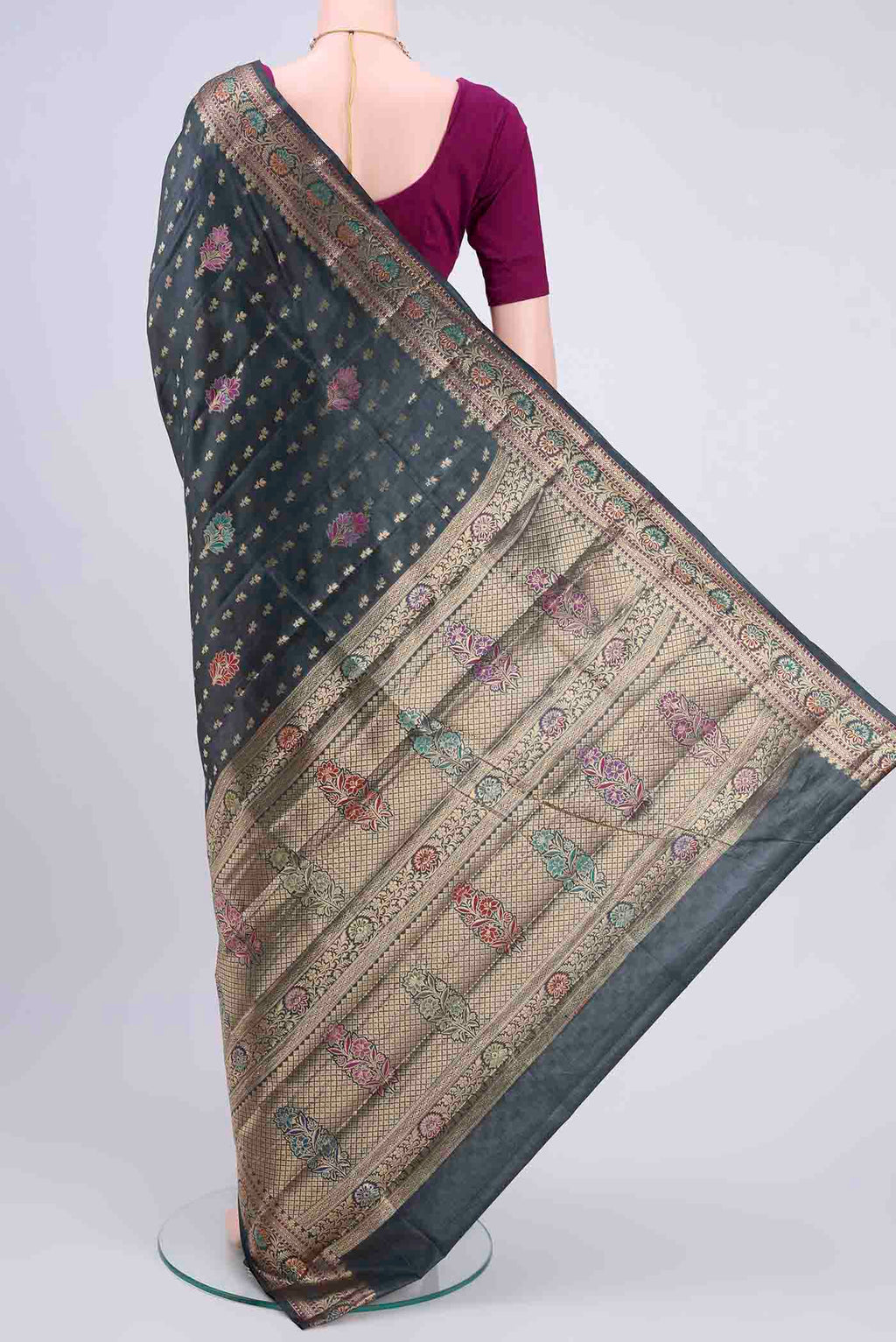 Flat view of Davys Grey Banarasi Tussar Silk Saree with Zari Butta on the body and Zari Border