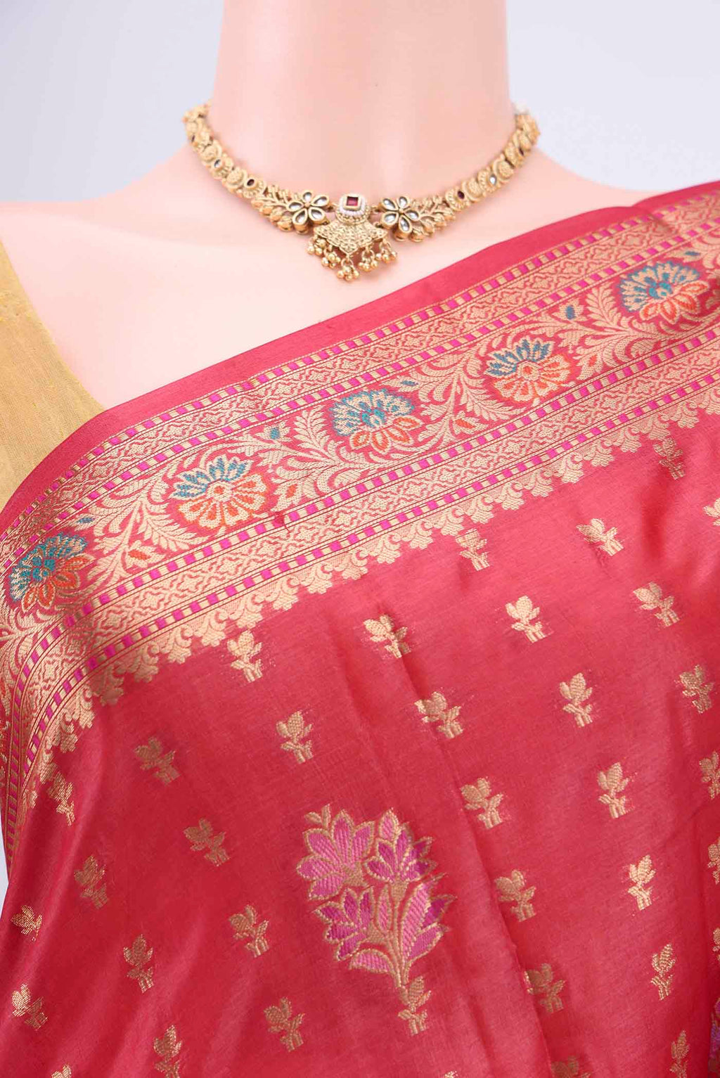 Border image of Red Banarasi Raw Silk Saree with Zari Brocade on the body and Zari Border. 