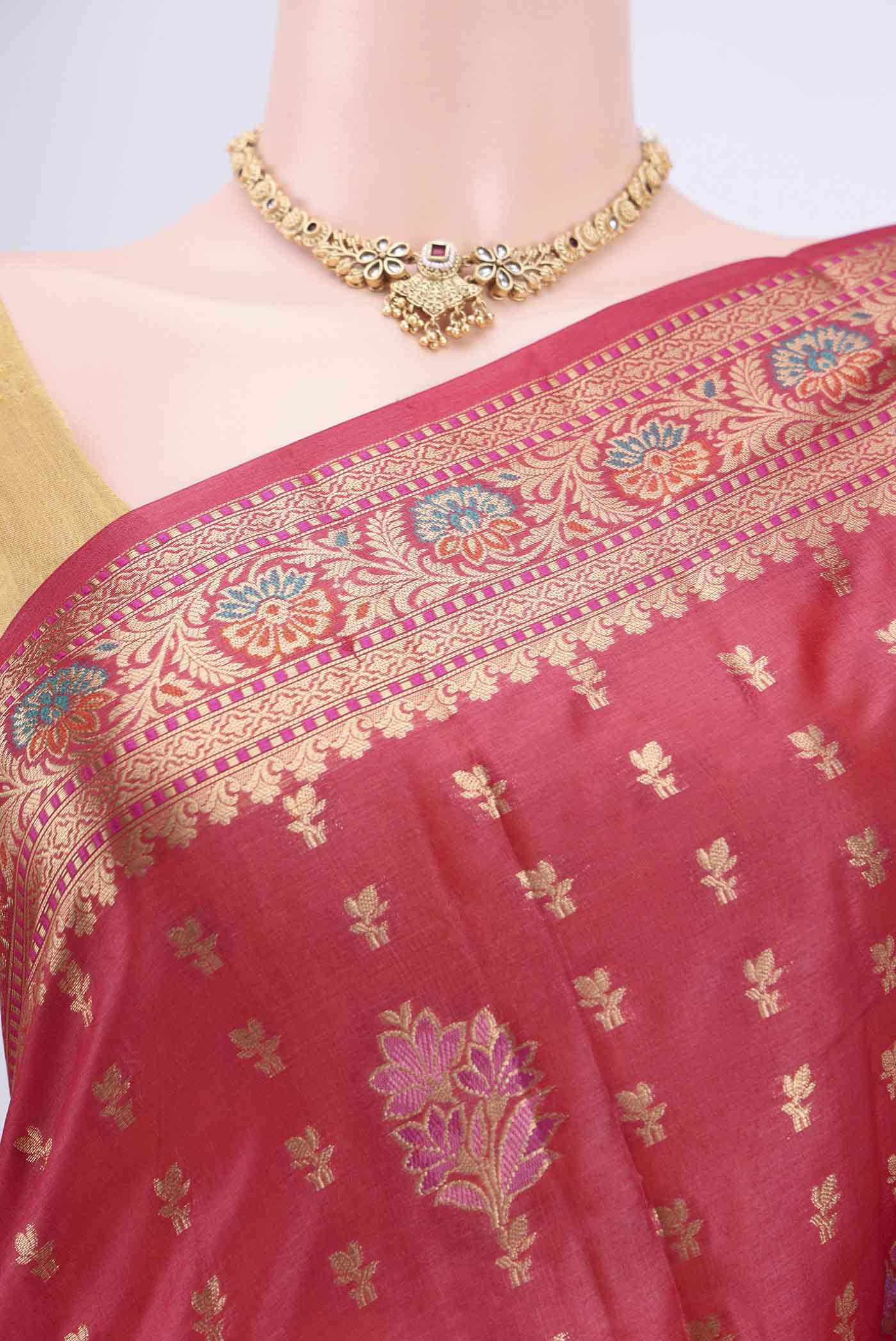 Border image of Red Banarasi Raw Silk Saree with Zari Brocade on the body and Zari Border. 