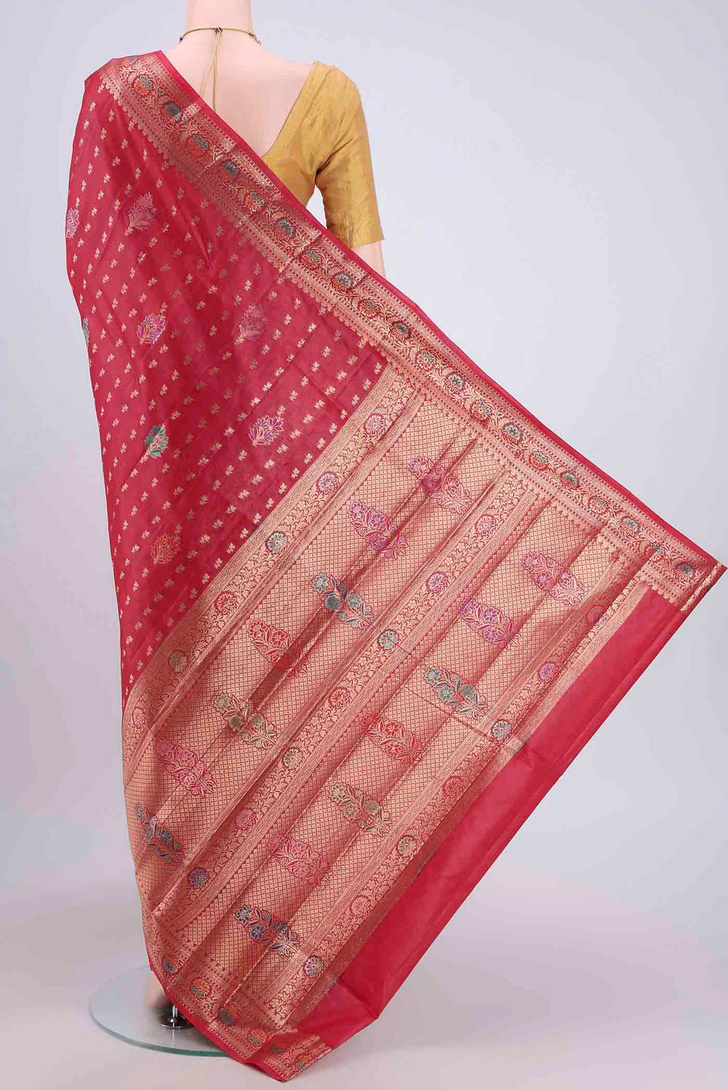 Flat view of Red Banarasi Raw Silk Saree with Zari Brocade on the body and Zari Border. 