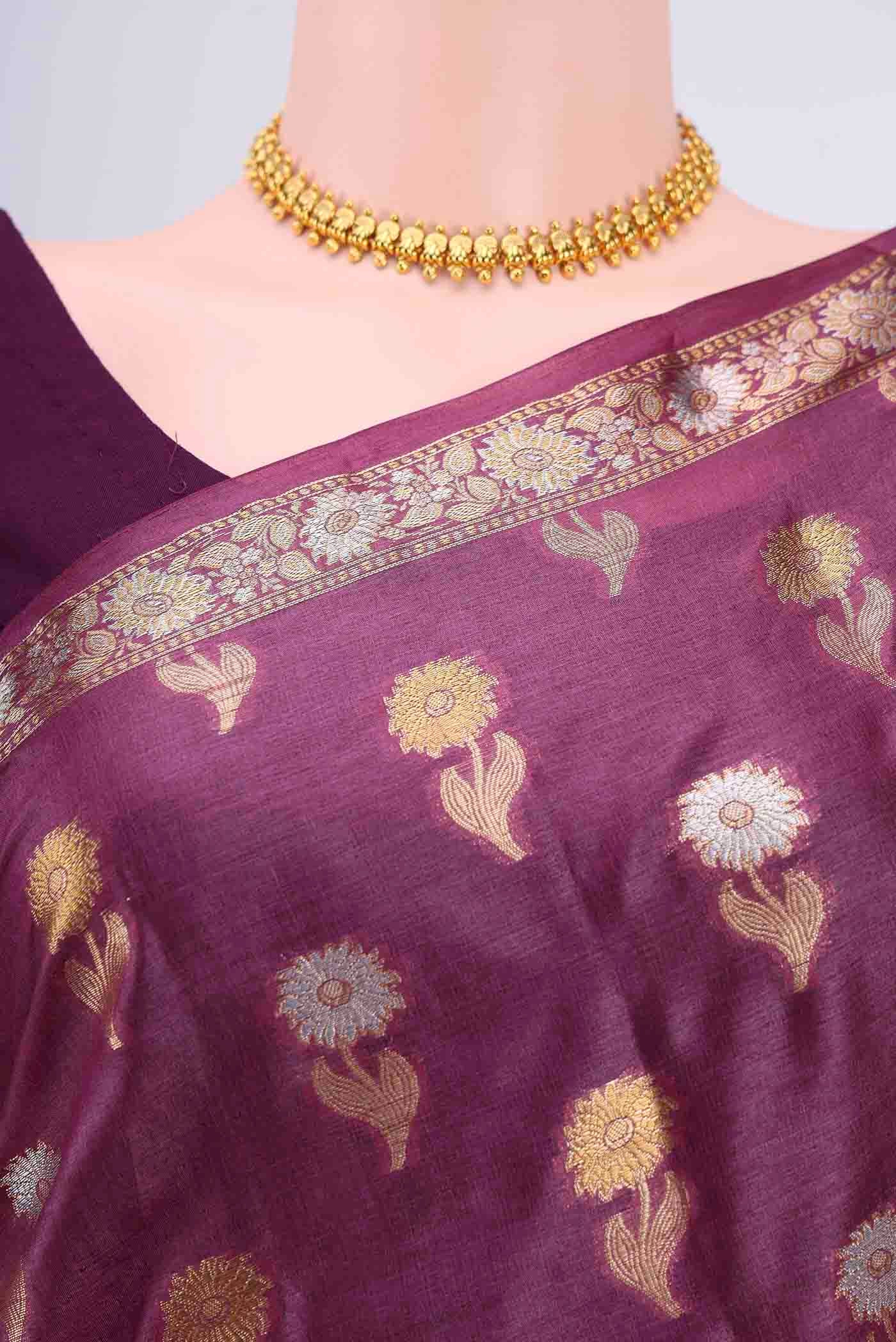 Border image of Dark Mauve Banarasi Tussar Silk Saree with Zari Butta on the body and Zari Border