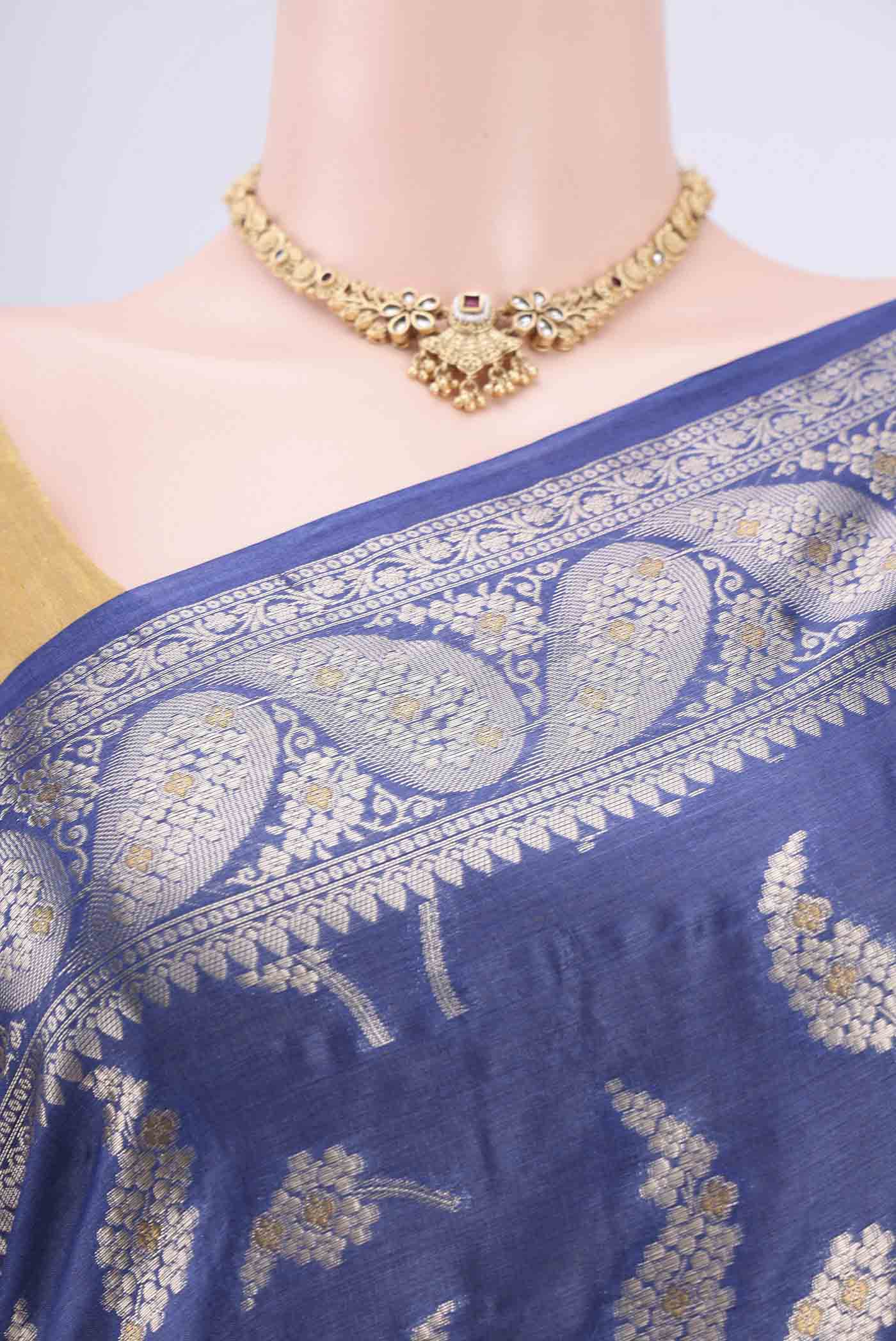 Border image of Royal Blue Banarasi Tussar Silk Saree with Zari Butta on the body and Zari Border. 