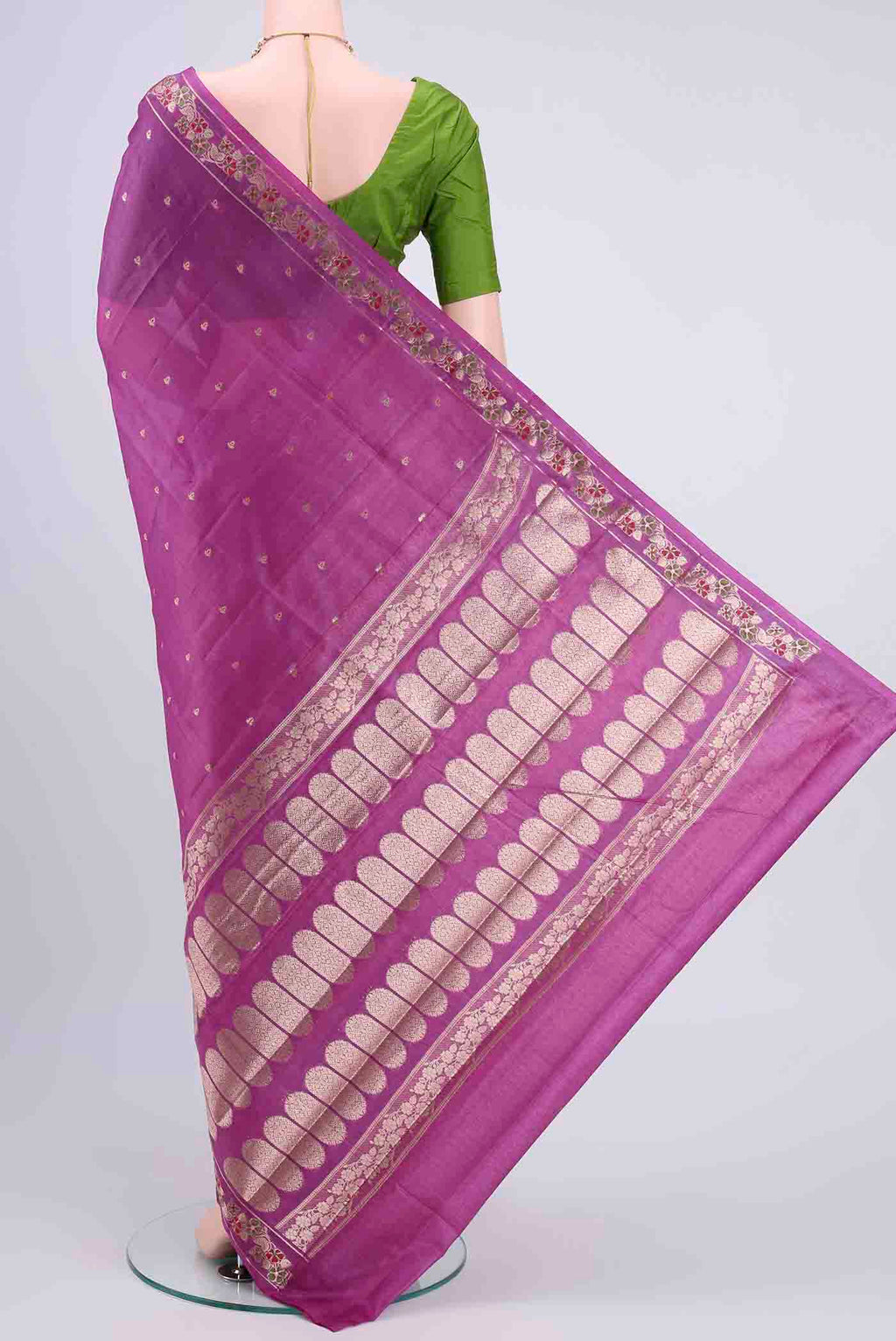 Flat view of Mauve Banarasi Tussar Silk Saree with Zari Butta on the body and Zari Border