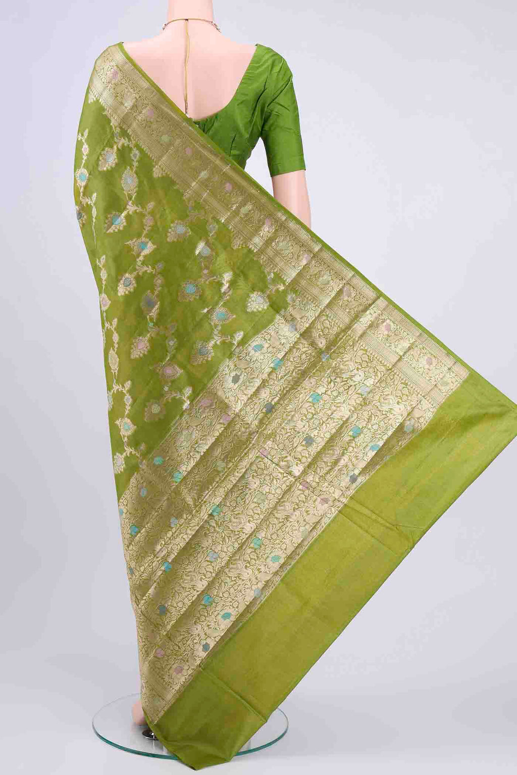 Flat view of Light Green Banarasi Tussar Silk Saree with Zari Butta on the body and Zari Border