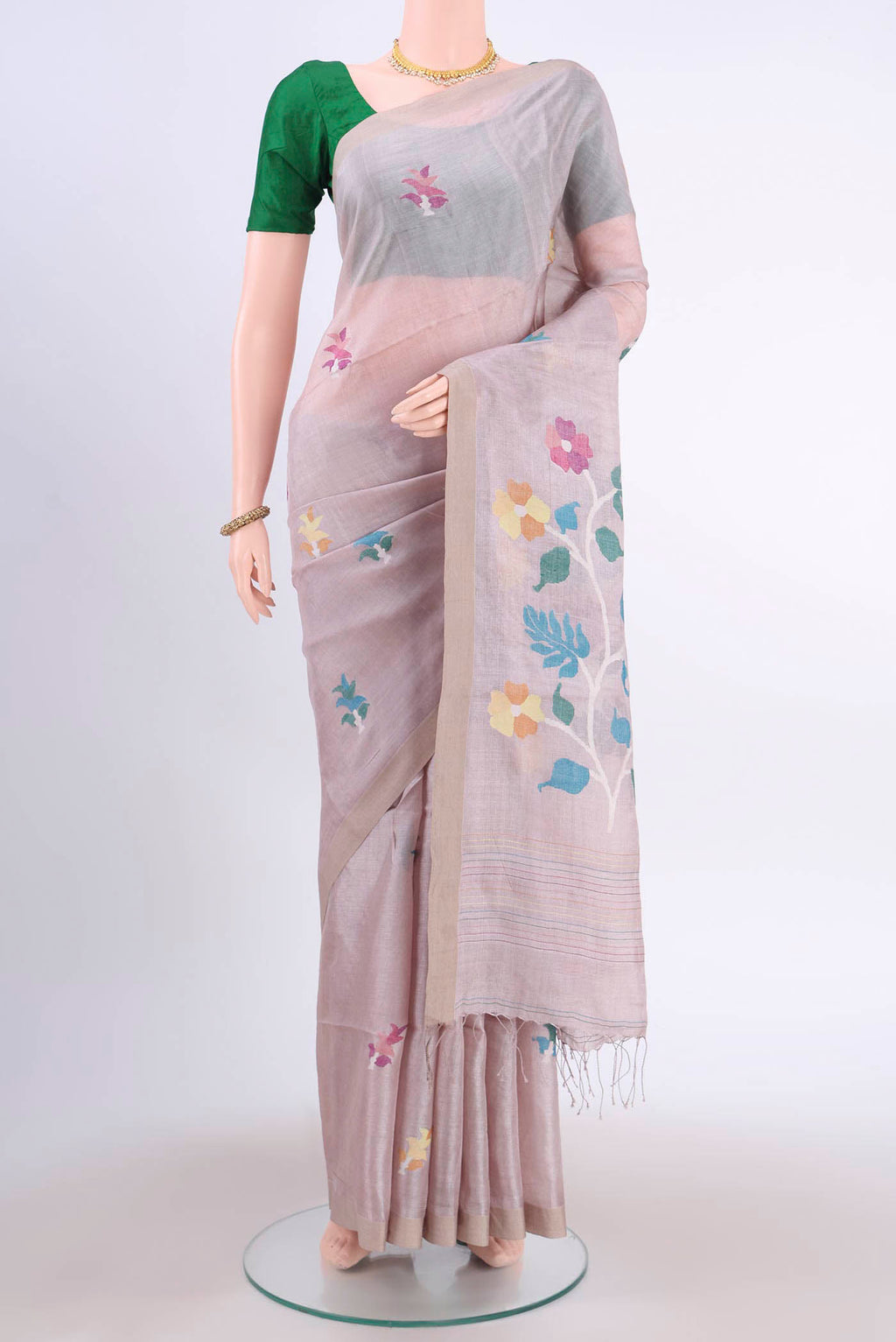 Beige Tussar Silk Saree with Jamdani on the body and Plain Border displayed on a mannequin