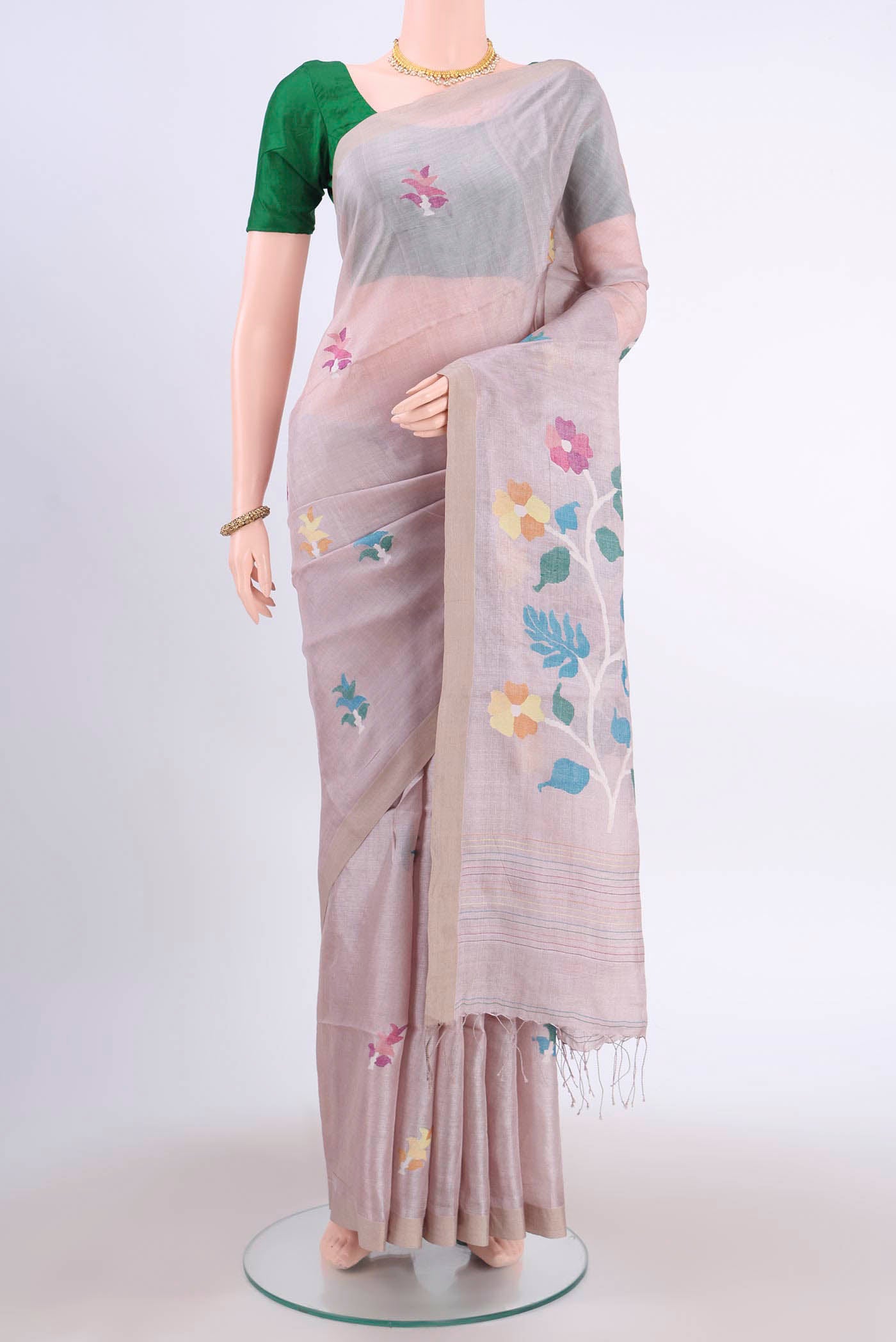 Beige Tussar Silk Saree with Jamdani on the body and Plain Border displayed on a mannequin