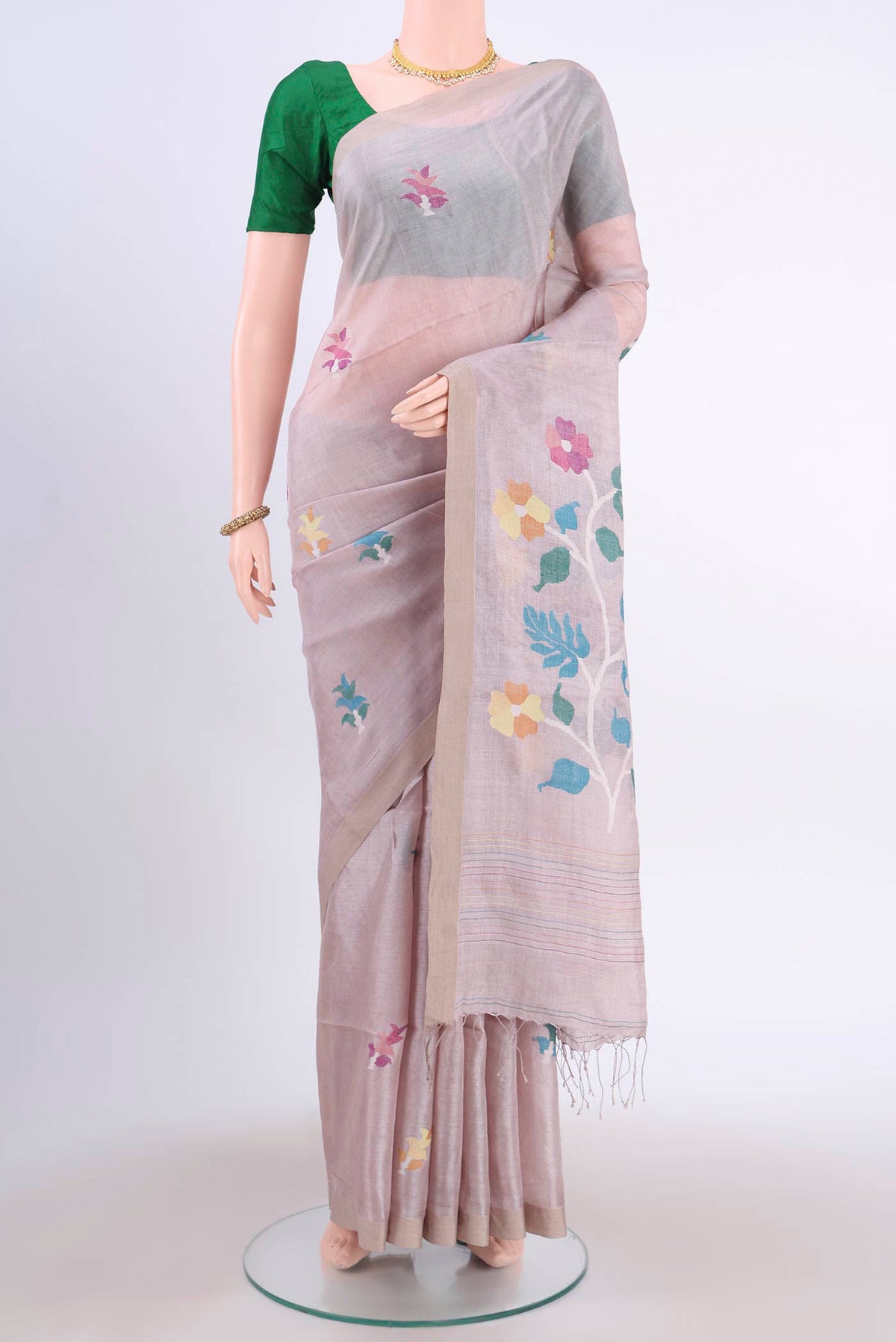 Beige Tussar Silk Saree with Jamdani on the body and Plain Border displayed on a mannequin