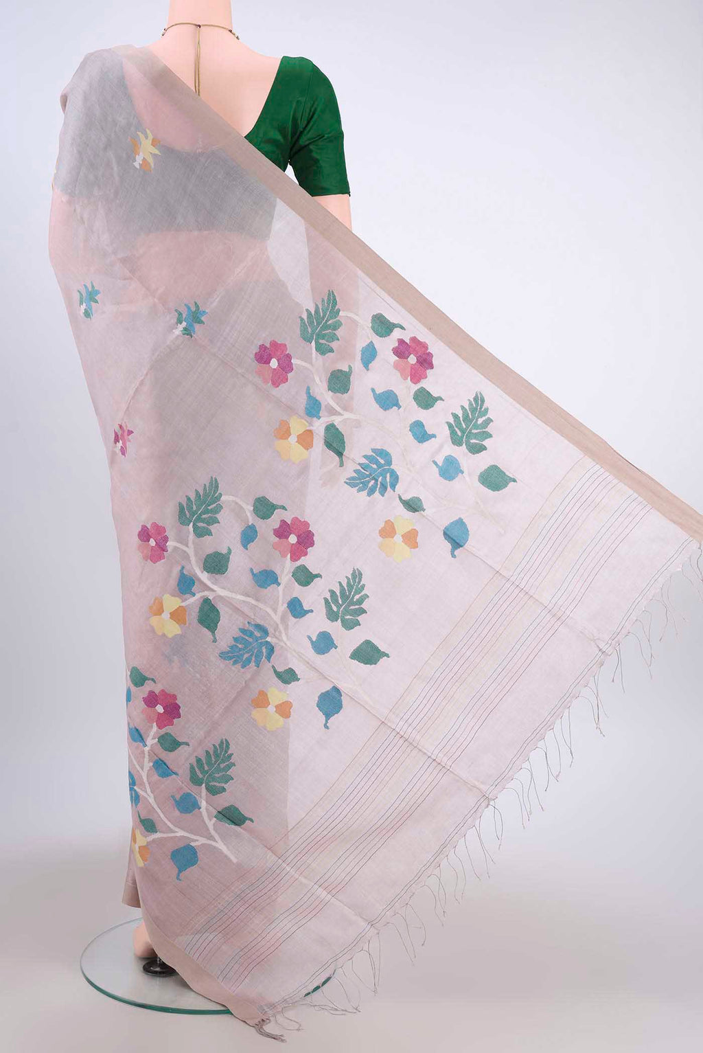 Flat view of Beige Tussar Silk Saree with Jamdani on the body and Plain Border