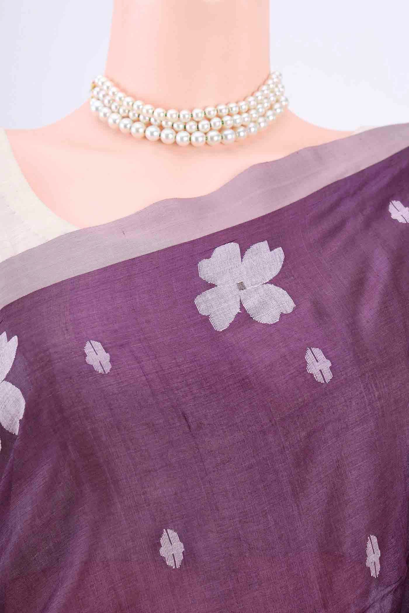 Border image of Dark Mauve Tussar Silk Saree with Jamdani on the body and Plain Border