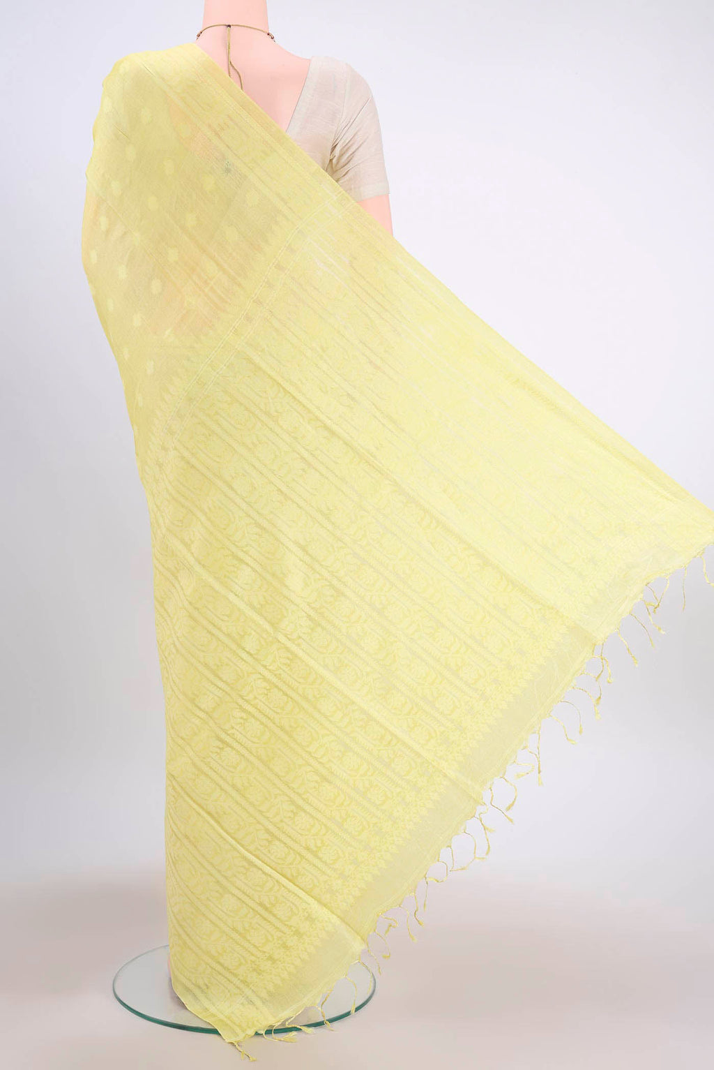 Flat view of Lemon Yellow Tussar Silk Saree with Jamdani on the body and Plain Border