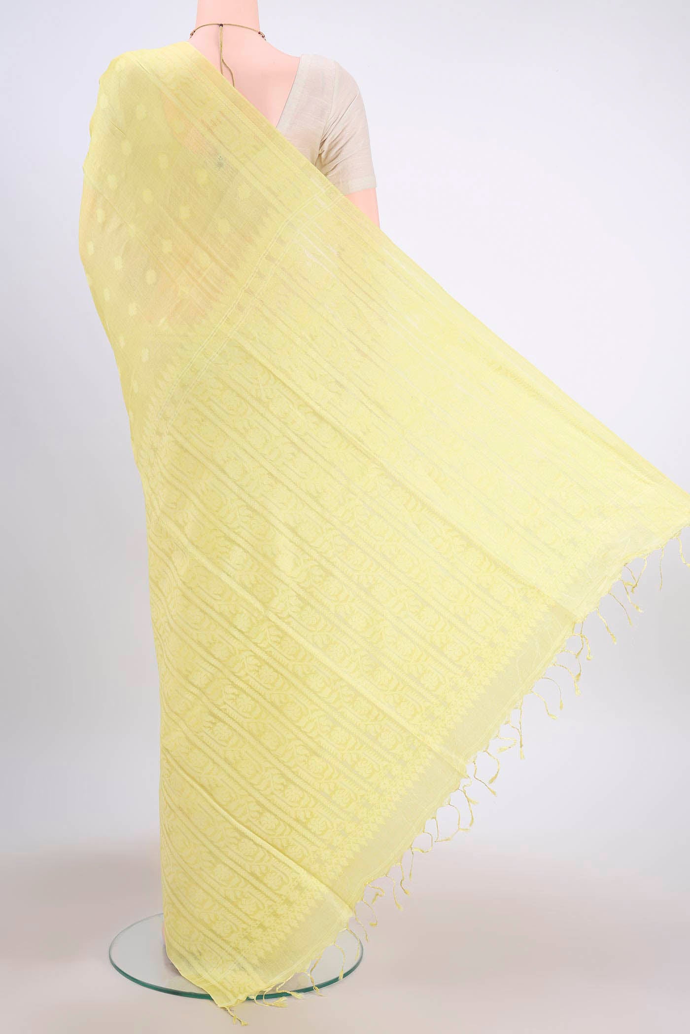 Flat view of Lemon Yellow Tussar Silk Saree with Jamdani on the body and Plain Border