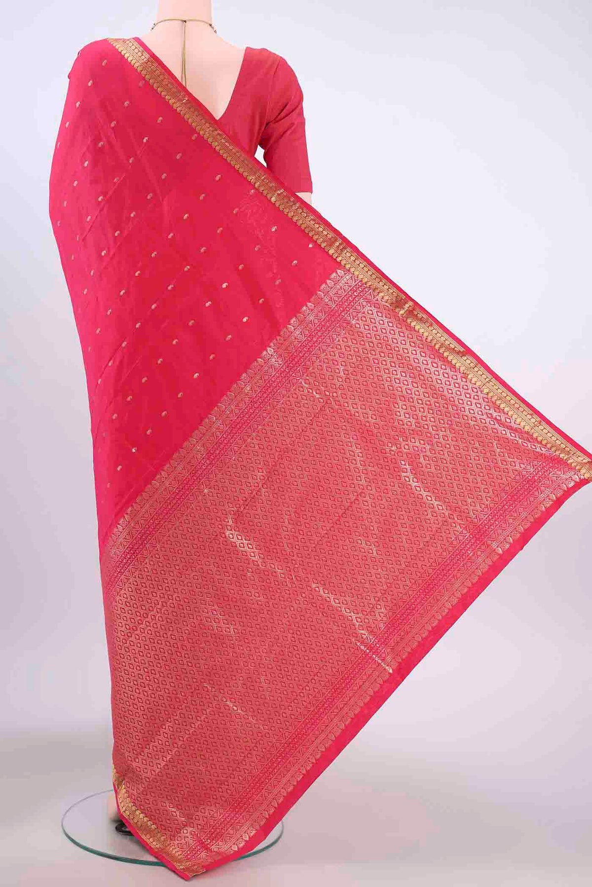 Flat view of Red Blended Bangalore Silk Saree with Zari Butta on the body and Zari Border